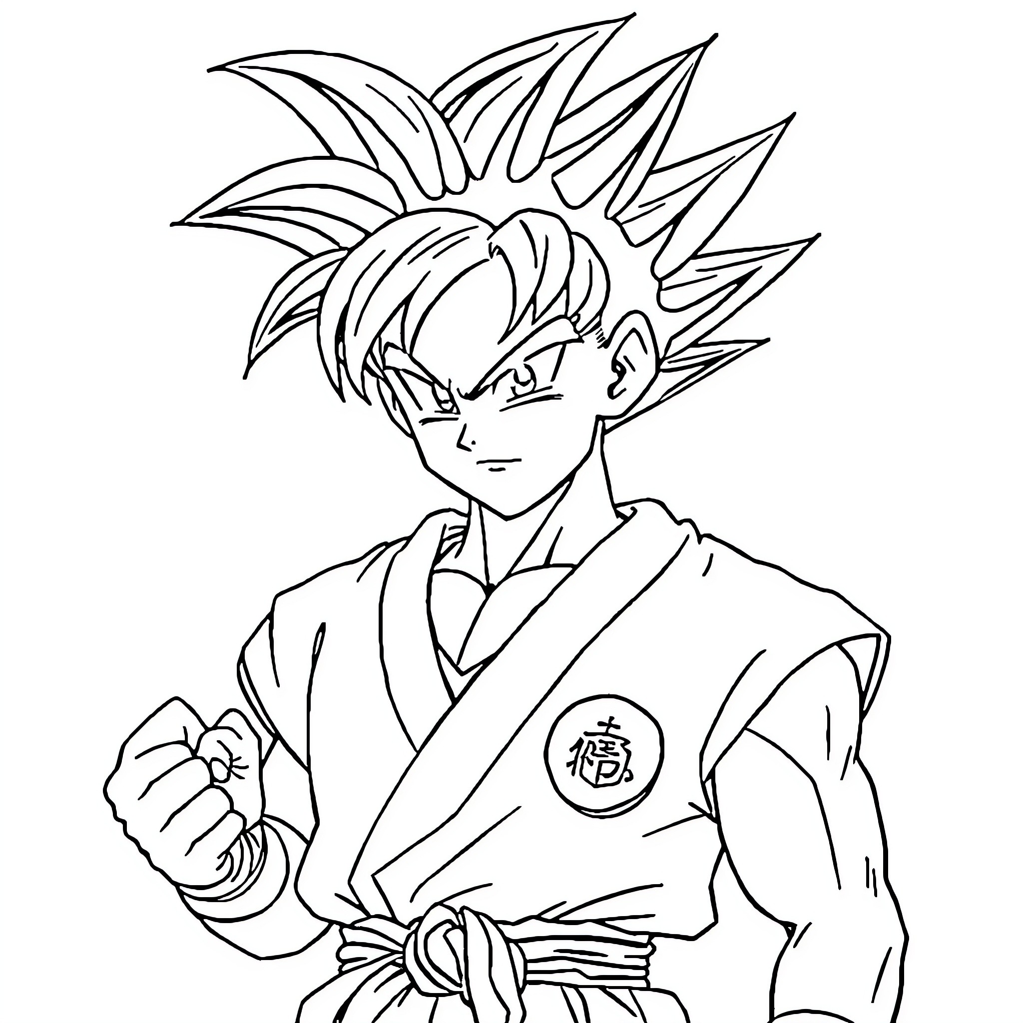 Goku in martial arts stance with fierce expression Coloring Page (free black-and-white line drawing printable PDF for all, from beginners to advanced learners, including children, teens, adults, and seniors)
