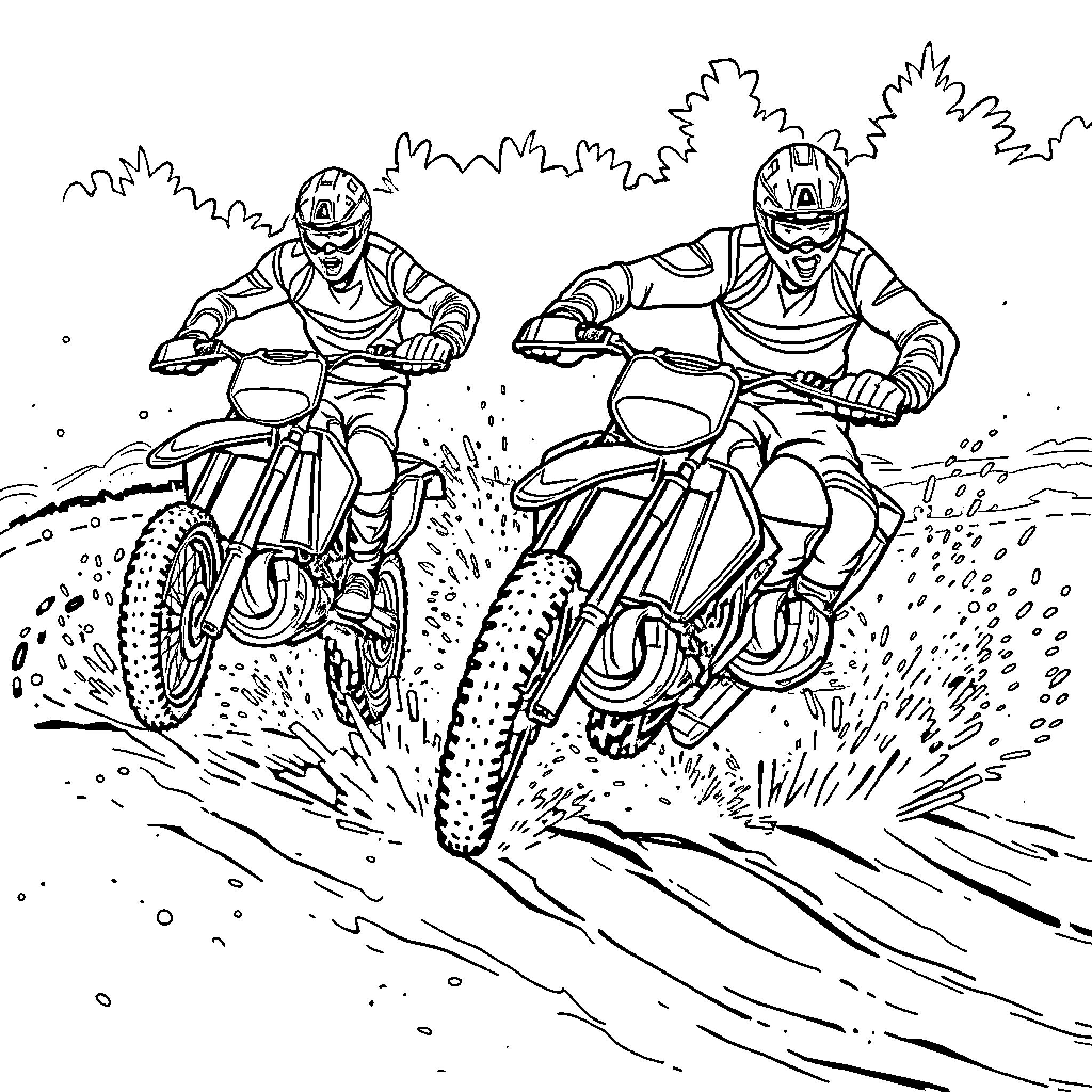 Motocross racers in action on dirt track Coloring Page (free black-and-white line drawing printable PDF for all, from beginners to advanced learners, including children, teens, adults, and seniors)