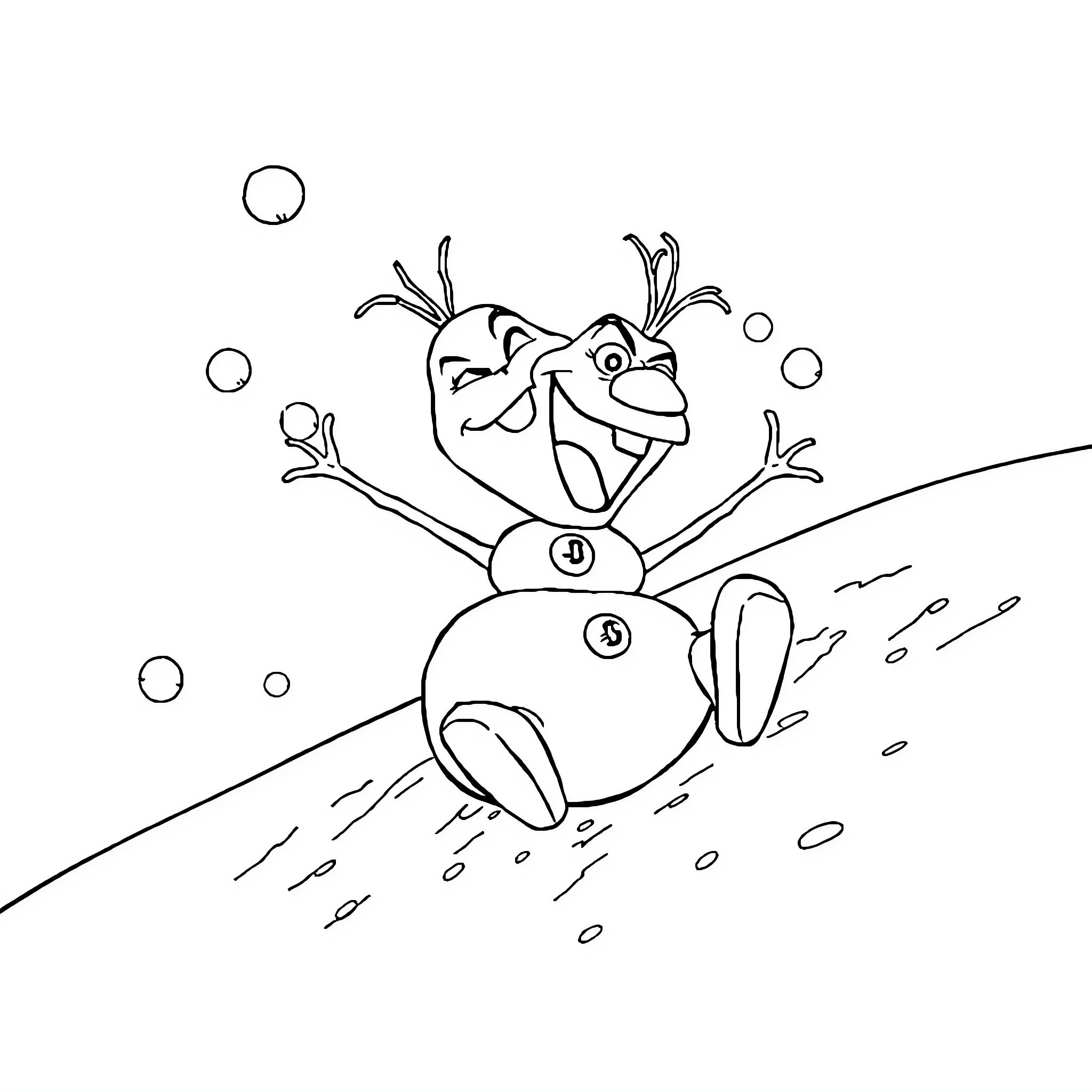 Olaf's Snowy Adventure Coloring Page (free black-and-white line drawing printable PDF for all, from beginners to advanced learners, including children, teens, adults, and seniors)