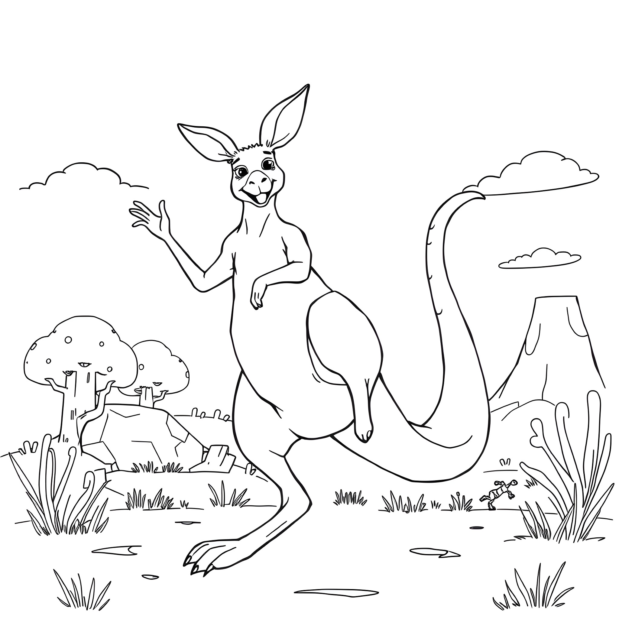 Kangaroo in a playful pose in nature Coloring Page (free black-and-white line drawing printable PDF for all, from beginners to advanced learners, including children, teens, adults, and seniors)