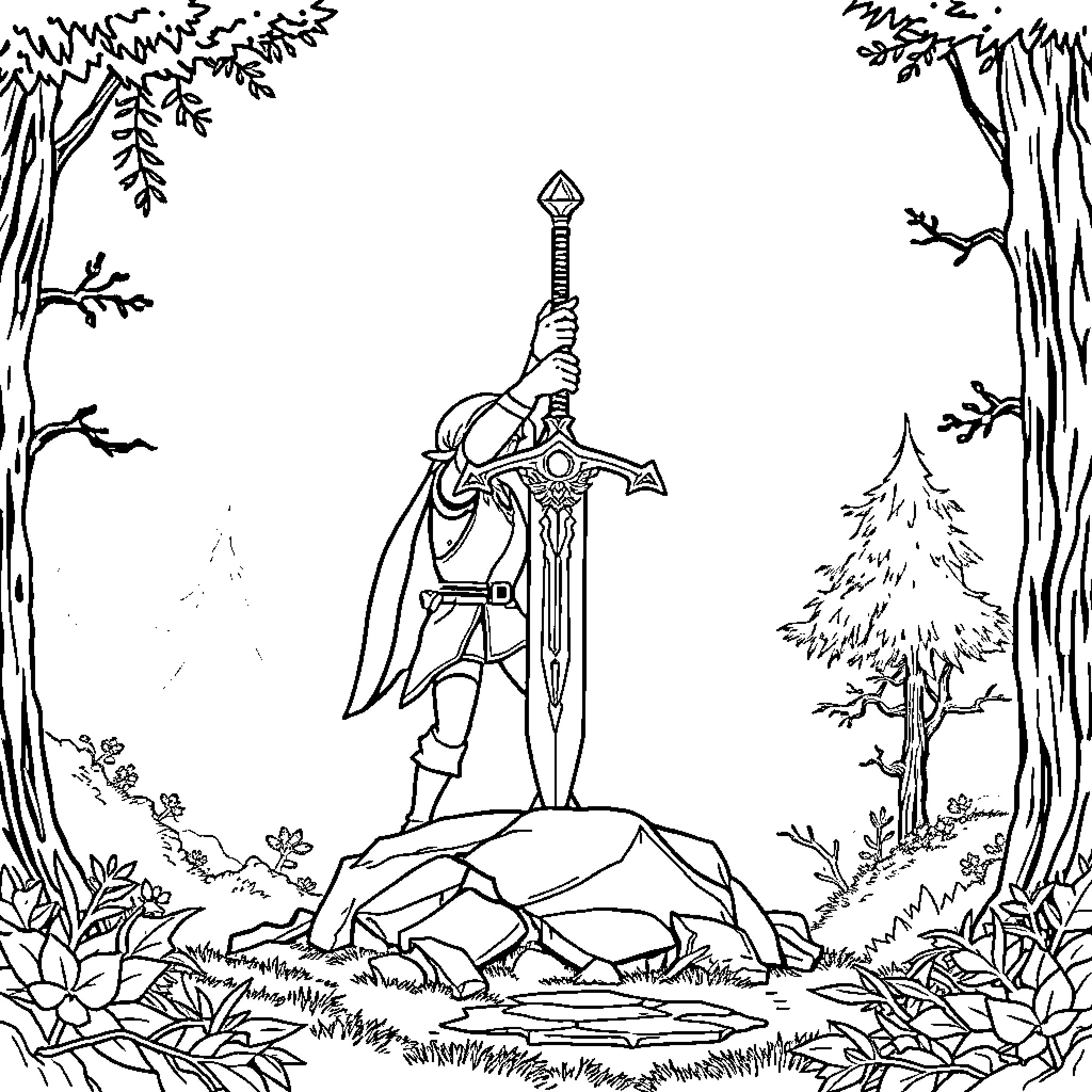 Link wielding sword in forest clearing Coloring Page (free black-and-white line drawing printable PDF for all, from beginners to advanced learners, including children, teens, adults, and seniors)