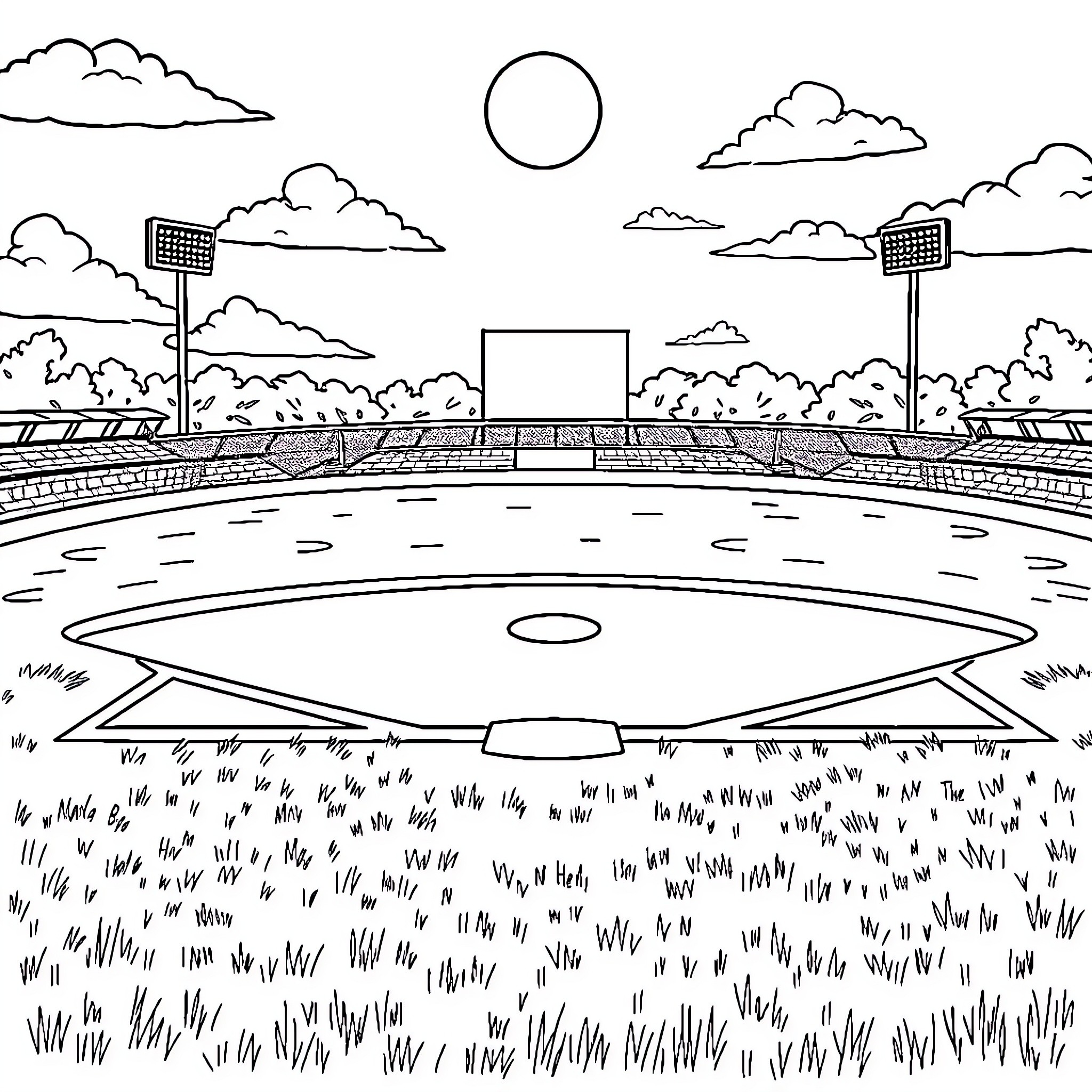 T-Ball Field with Cloudy Skies and Grassy Outfield Coloring Page (free black-and-white line drawing printable PDF for all, from beginners to advanced learners, including children, teens, adults, and seniors)