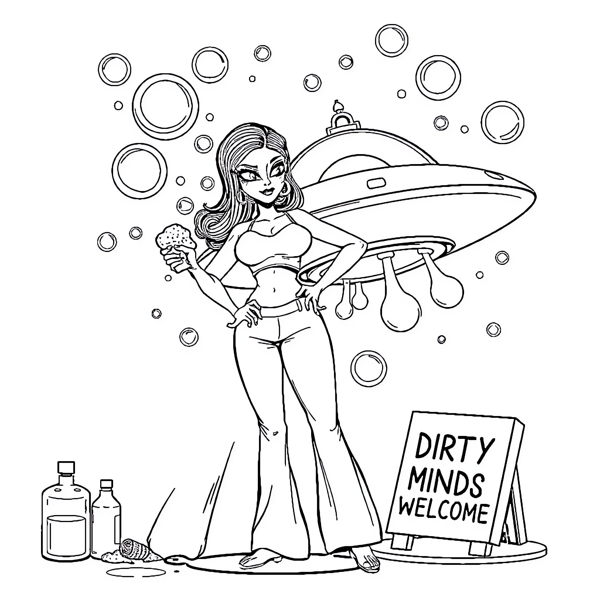 Alien Woman Welcomes Dirty Minds with UFO and Bubbles Coloring Page (free black-and-white line drawing printable PDF for all, from beginners to advanced learners, including children, teens, adults, and seniors)
