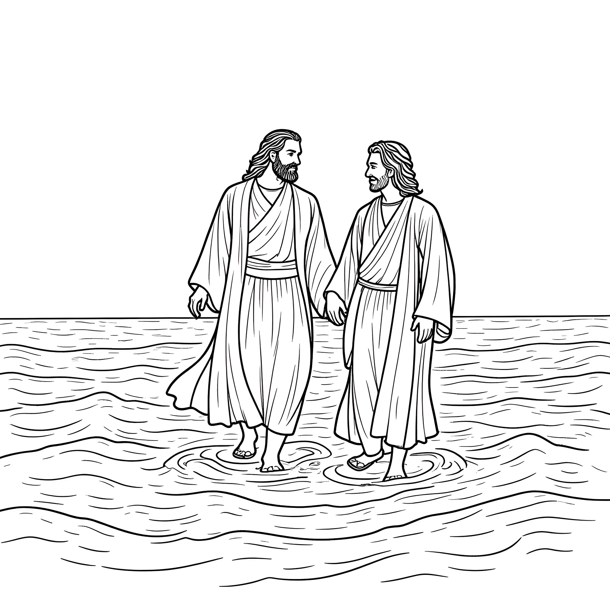 Jesus and Disciple Walking on Water Coloring Page (free black-and-white line drawing printable PDF for all, from beginners to advanced learners, including children, teens, adults, and seniors)