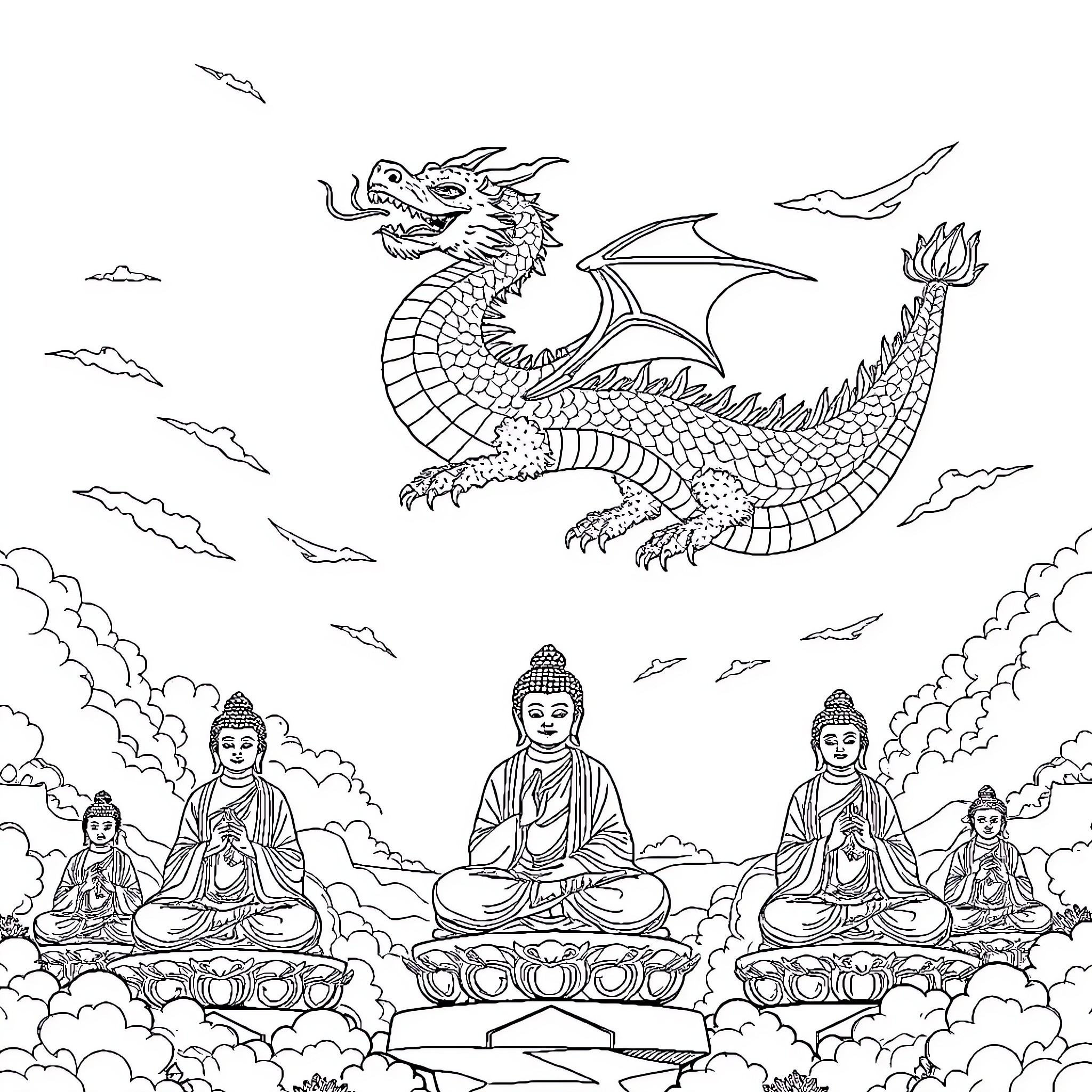 Dragon soaring amidst serene Buddhist deities Coloring Page (free black-and-white line drawing printable PDF for all, from beginners to advanced learners, including children, teens, adults, and seniors)