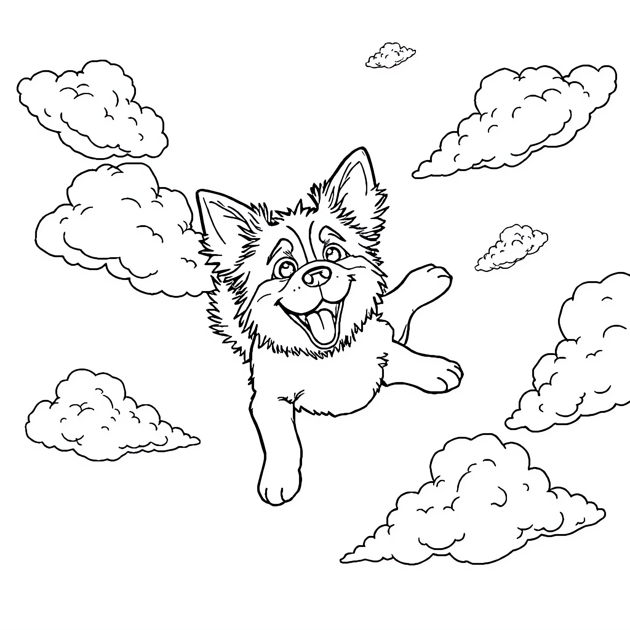 Dog jumping happily in the clouds Coloring Page (free black-and-white line drawing printable PDF for all, from beginners to advanced learners, including children, teens, adults, and seniors)