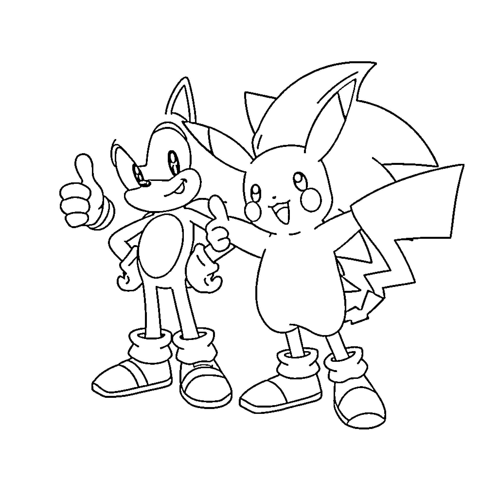 Pikachu and Sonic enjoying a friendly moment Coloring Page (free black-and-white line drawing printable PDF for all, from beginners to advanced learners, including children, teens, adults, and seniors)