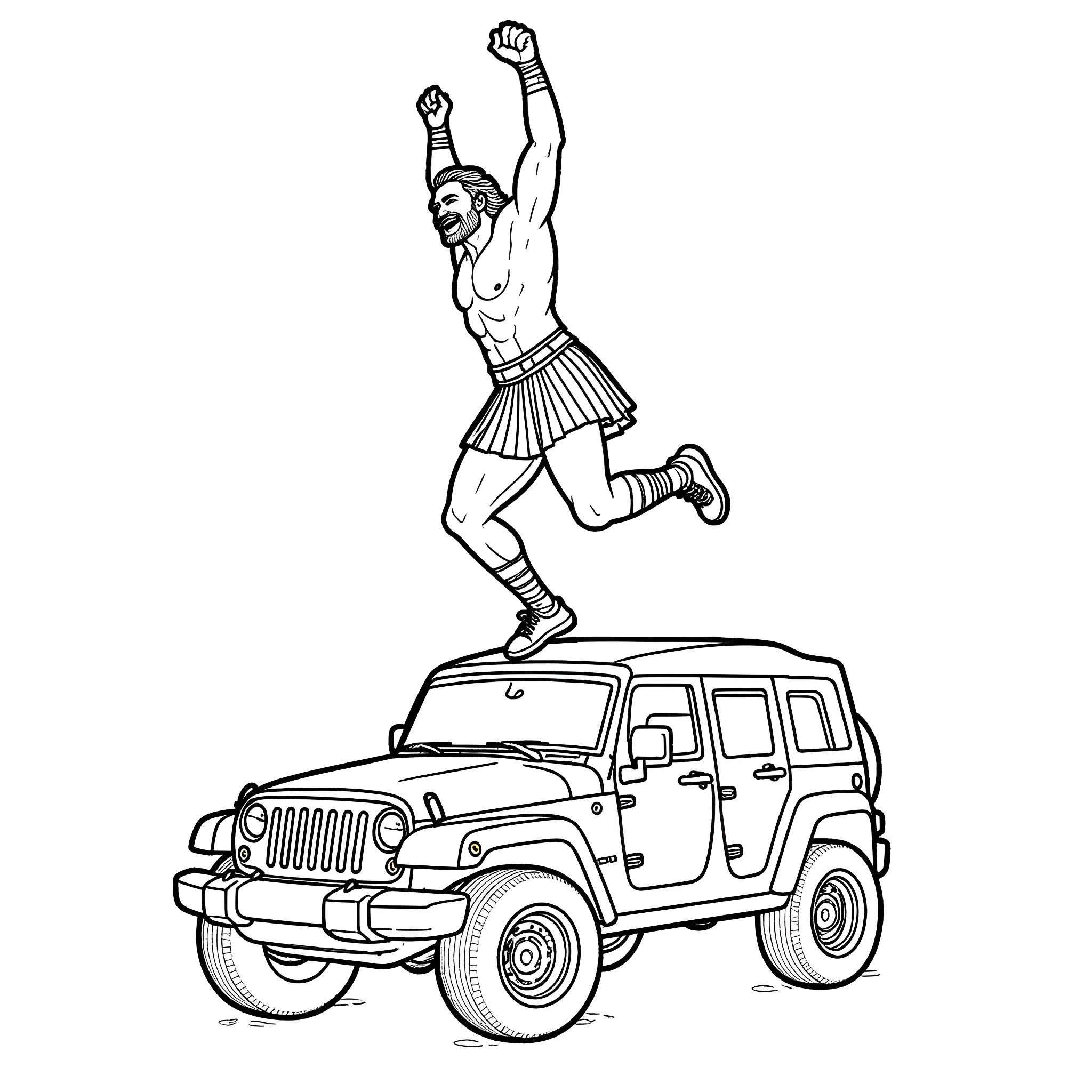 Jason Momoa leaping onto a Jeep Wrangler in a kilt Coloring Page (free black-and-white line drawing printable PDF for all, from beginners to advanced learners, including children, teens, adults, and seniors)