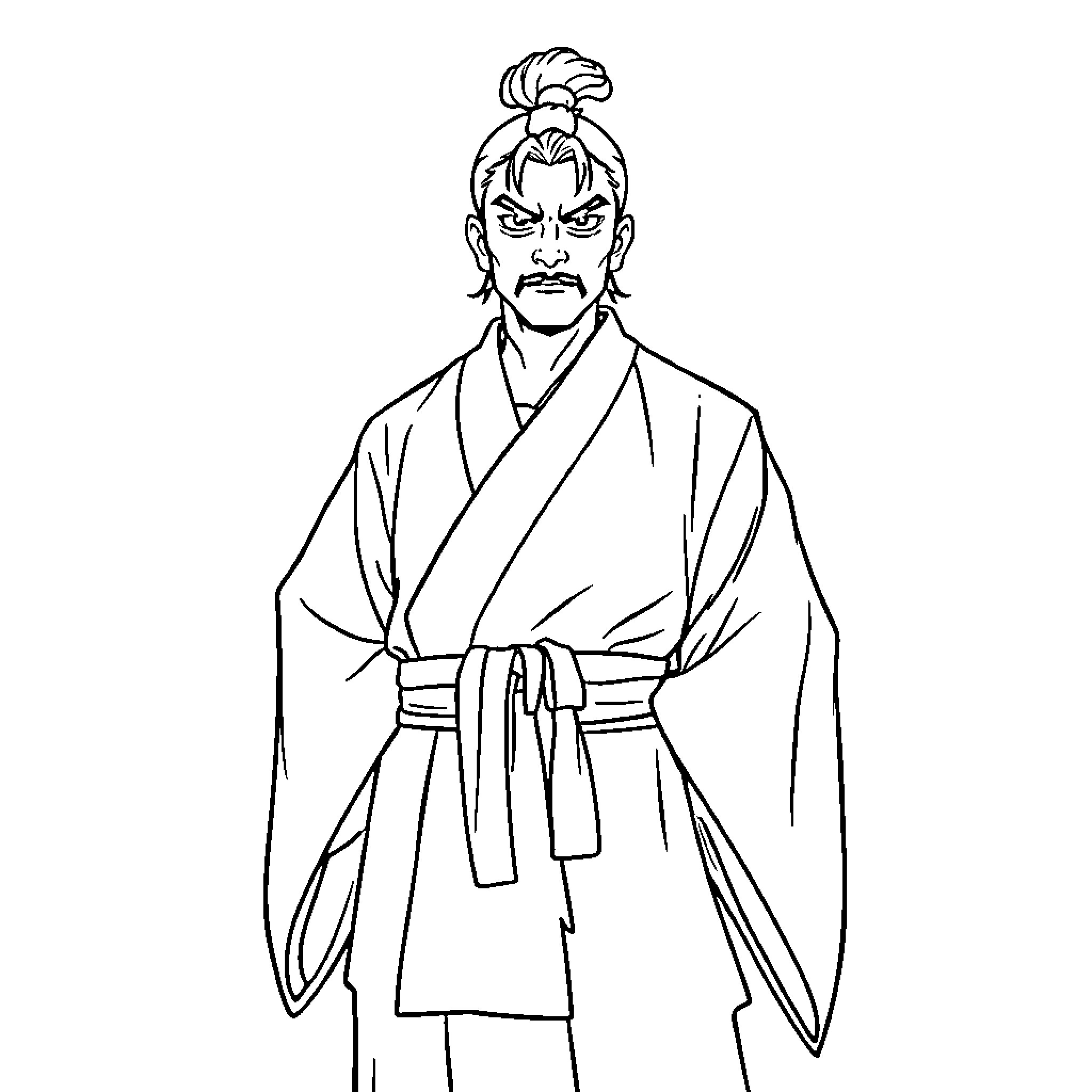 Toji Zenin in Traditional Samurai-style Garb Coloring Page (free black-and-white line drawing printable PDF for all, from beginners to advanced learners, including children, teens, adults, and seniors)