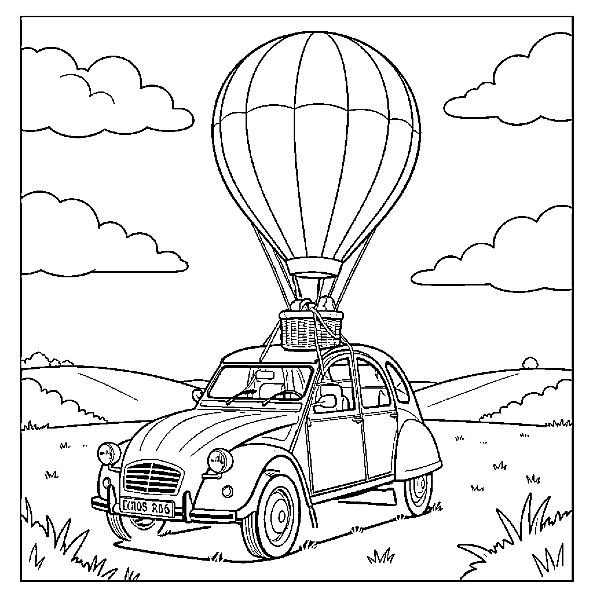 Citroen car carrying a hot air balloon through hills Coloring Page (free black-and-white line drawing printable PDF for all, from beginners to advanced learners, including children, teens, adults, and seniors)