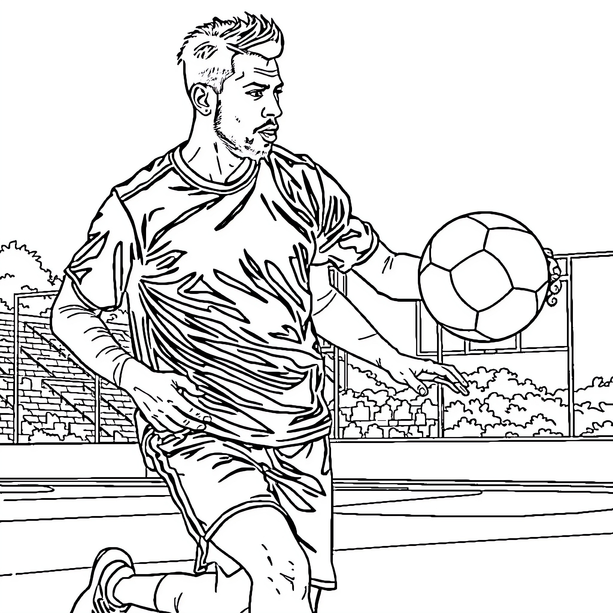 Neymar playing football on the field Coloring Page (free black-and-white line drawing printable PDF for all, from beginners to advanced learners, including children, teens, adults, and seniors)