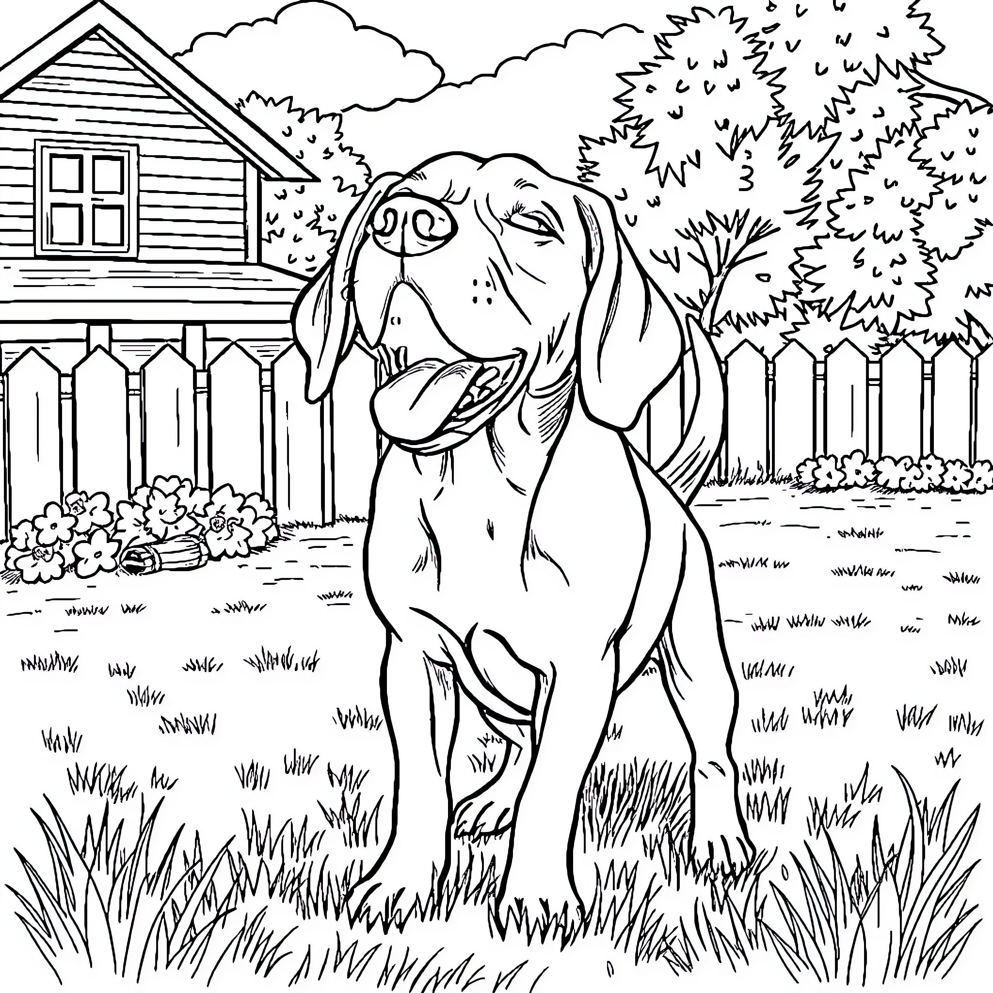 Beagle exploring the backyard near a cozy cabin Coloring Page (free black-and-white line drawing printable PDF for all, from beginners to advanced learners, including children, teens, adults, and seniors)