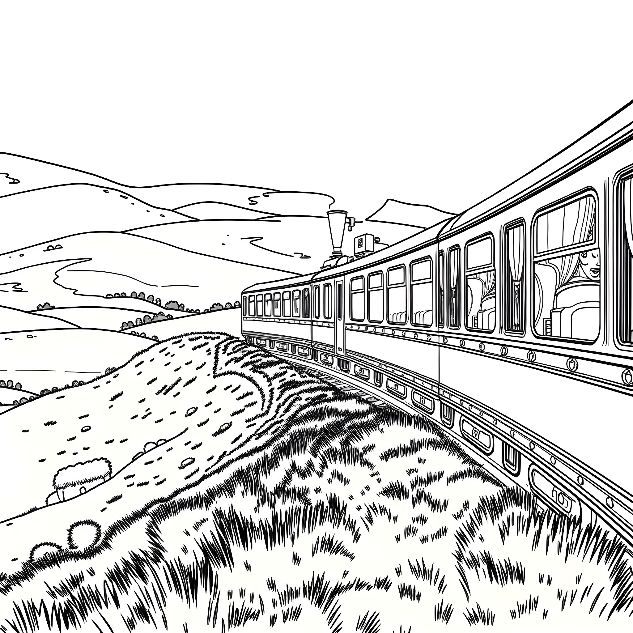 Belmond Grand Hibernian Train Travels Through Scenic Landscape Coloring Page (free black-and-white line drawing printable PDF for all, from beginners to advanced learners, including children, teens, adults, and seniors)