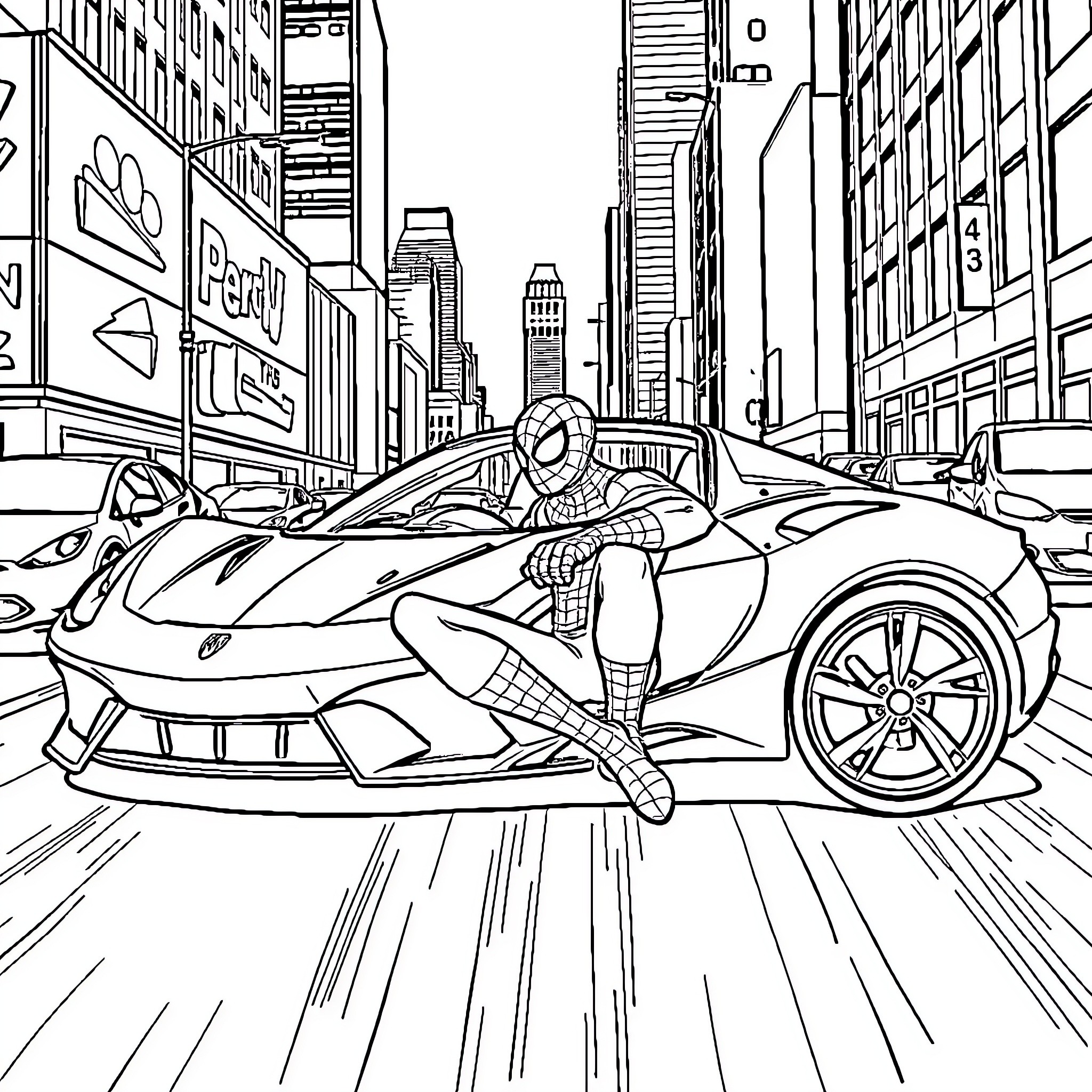 Spiderman in action scene with sports car Coloring Page (free black-and-white line drawing printable PDF for all, from beginners to advanced learners, including children, teens, adults, and seniors)