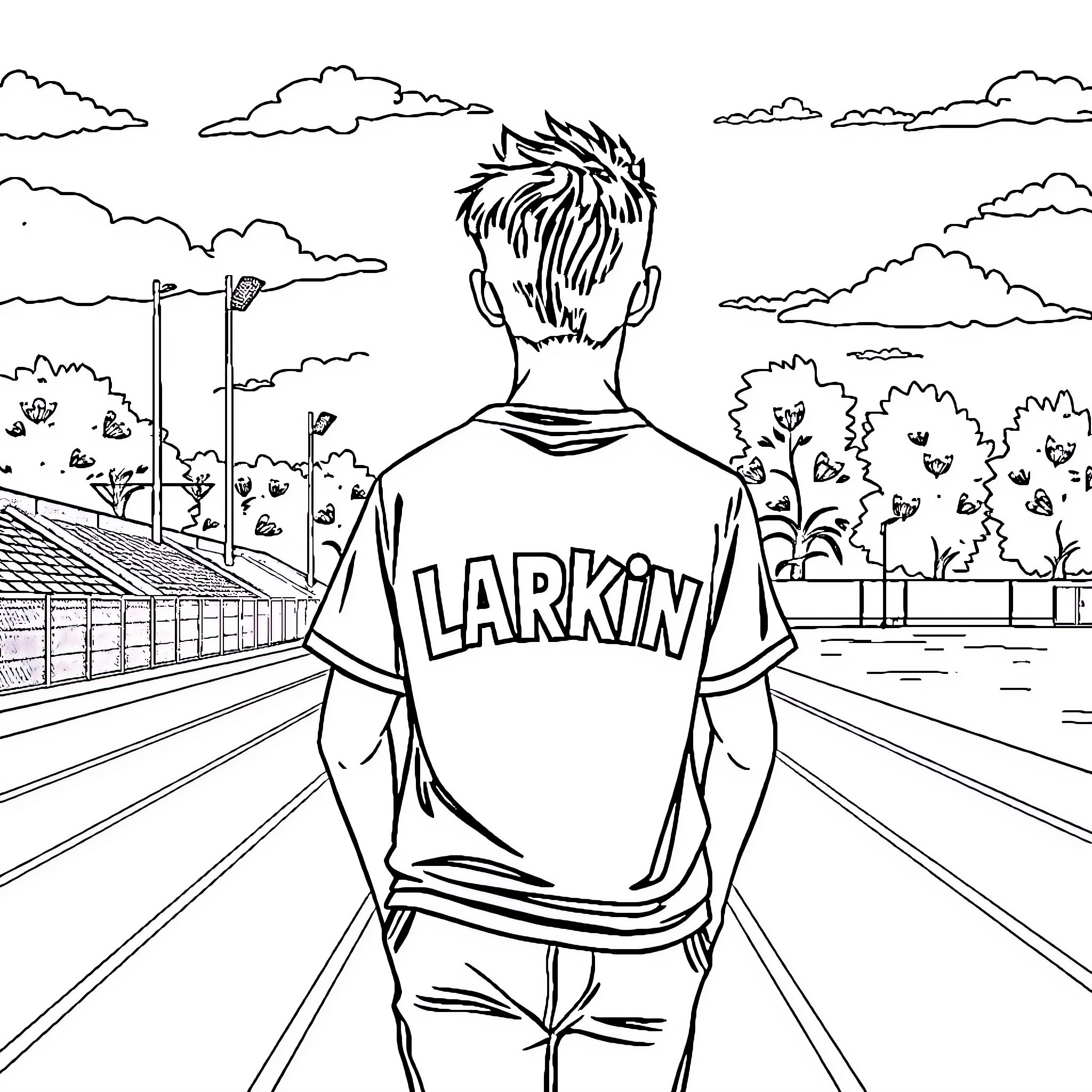 Student in Larkin jersey walking on road Coloring Page (free black-and-white line drawing printable PDF for all, from beginners to advanced learners, including children, teens, adults, and seniors)