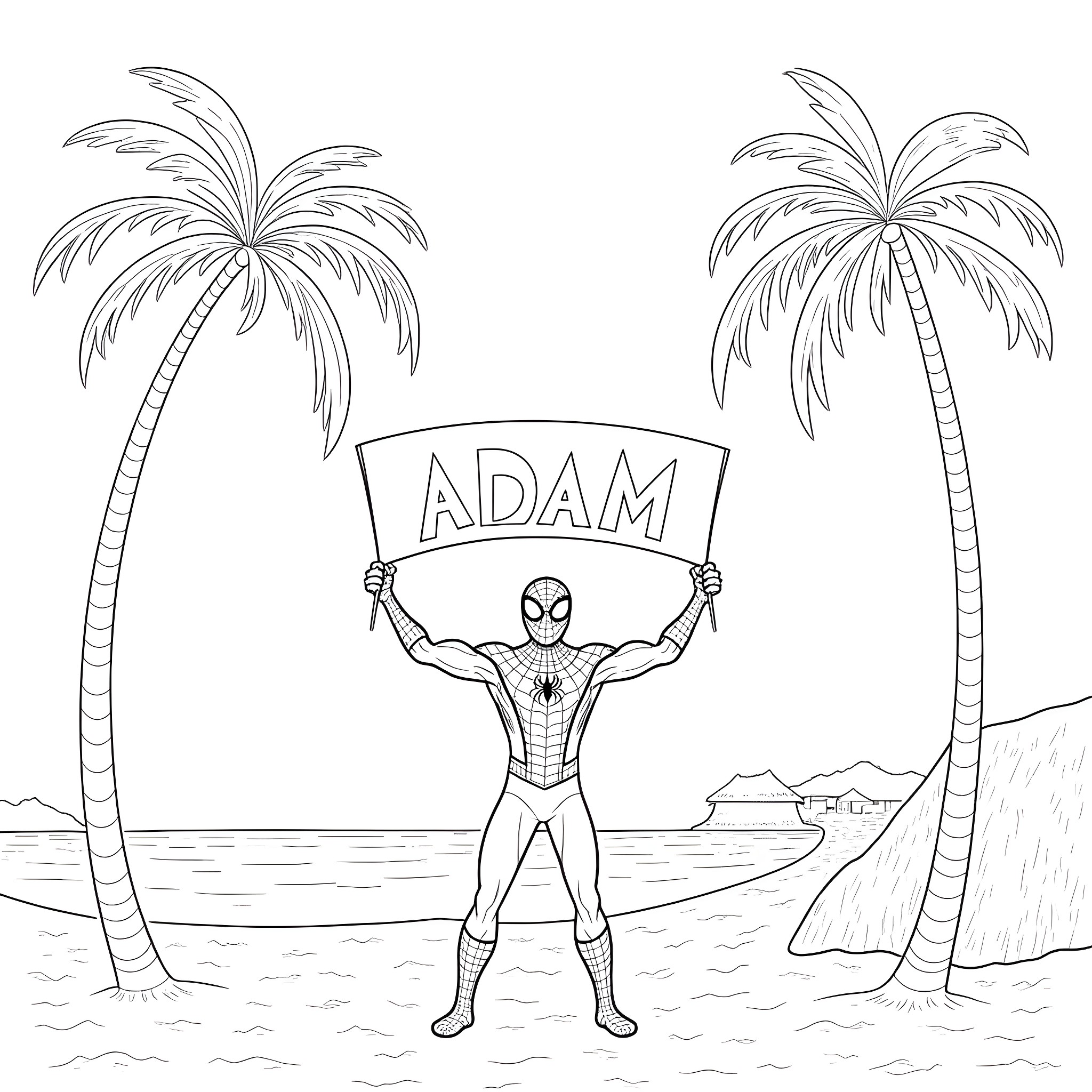 Spiderman holding a banner on a tropical beach Coloring Page (free black-and-white line drawing printable PDF for all, from beginners to advanced learners, including children, teens, adults, and seniors)