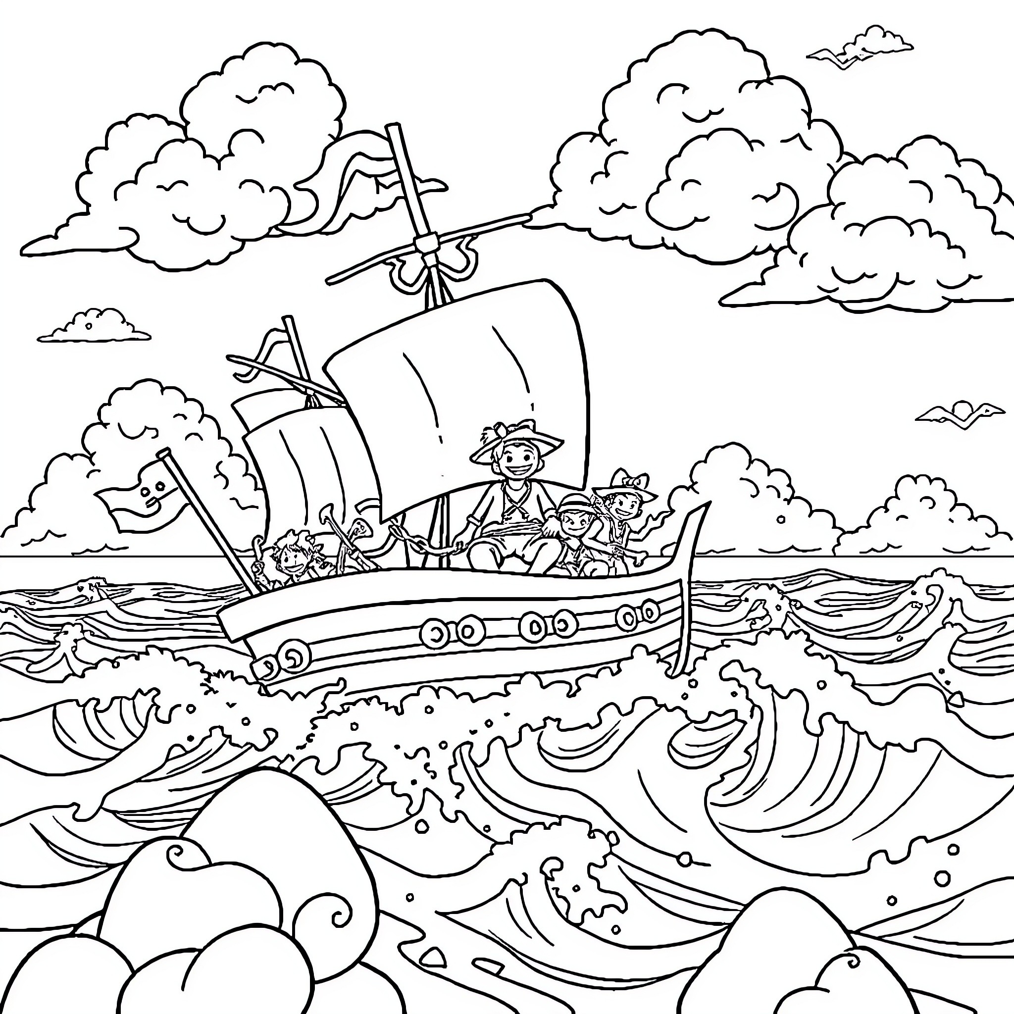 One Piece Pirate Ship Sailing on Stormy Seas Coloring Page (free black-and-white line drawing printable PDF for all, from beginners to advanced learners, including children, teens, adults, and seniors)