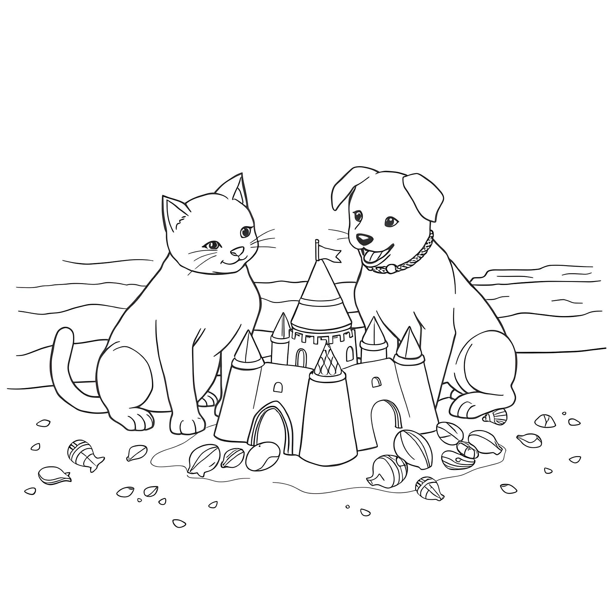 Cat and dog playing with a sandcastle on the beach Coloring Page (free black-and-white line drawing printable PDF for all, from beginners to advanced learners, including children, teens, adults, and seniors)