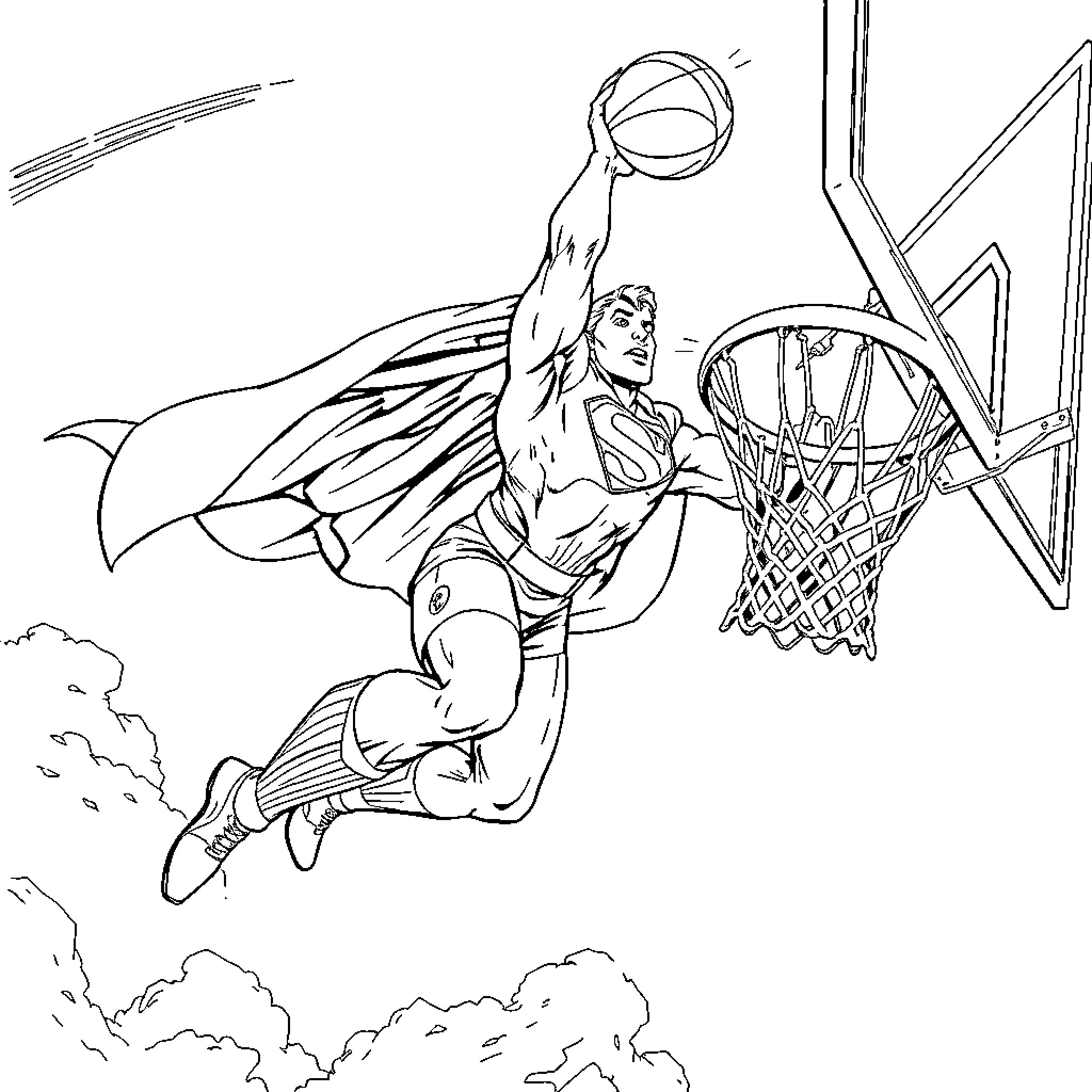 Superman scoring a slam dunk in the sky Coloring Page (free black-and-white line drawing printable PDF for all, from beginners to advanced learners, including children, teens, adults, and seniors)