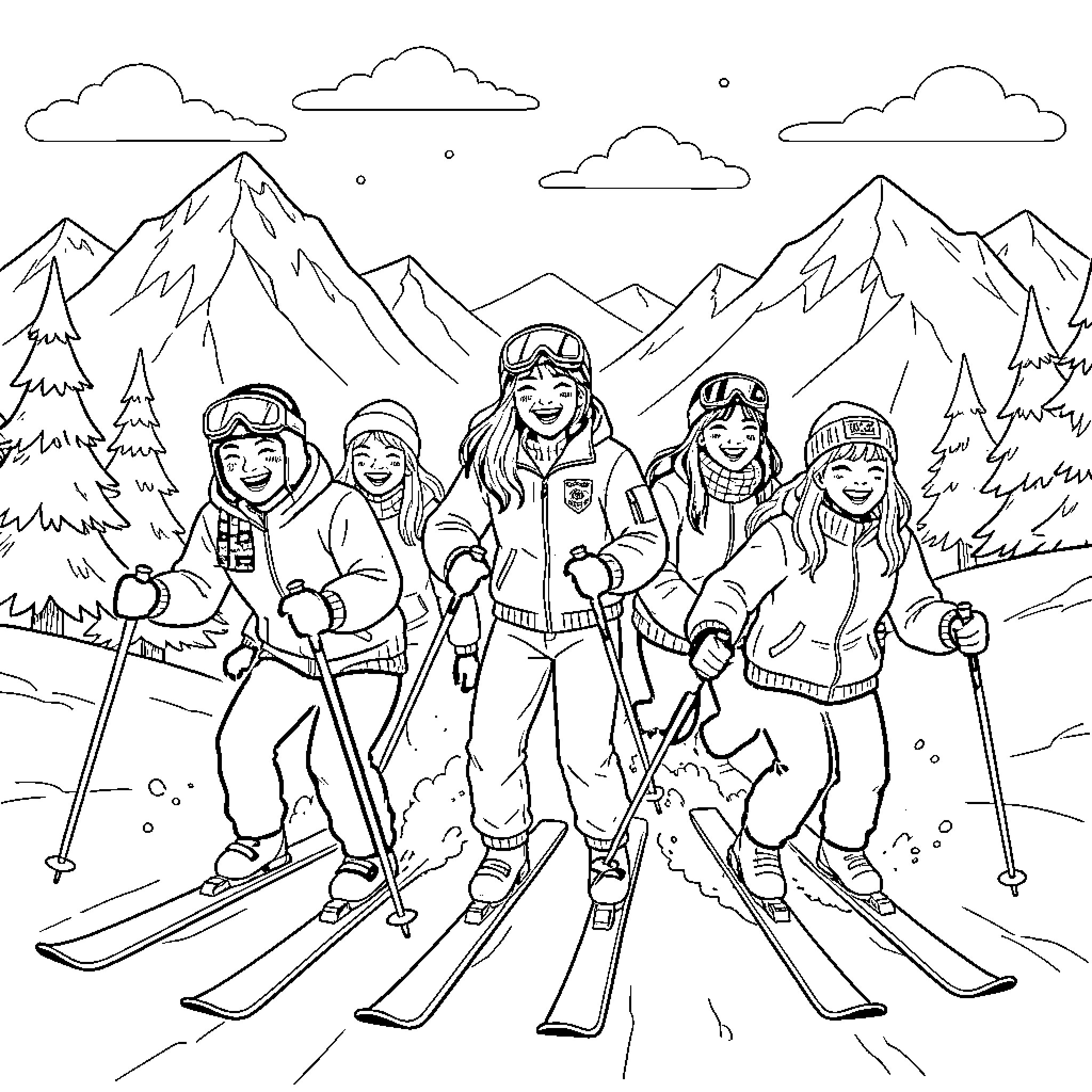 K Pop Group Skiing in the Mountains Coloring Page (free black-and-white line drawing printable PDF for all, from beginners to advanced learners, including children, teens, adults, and seniors)