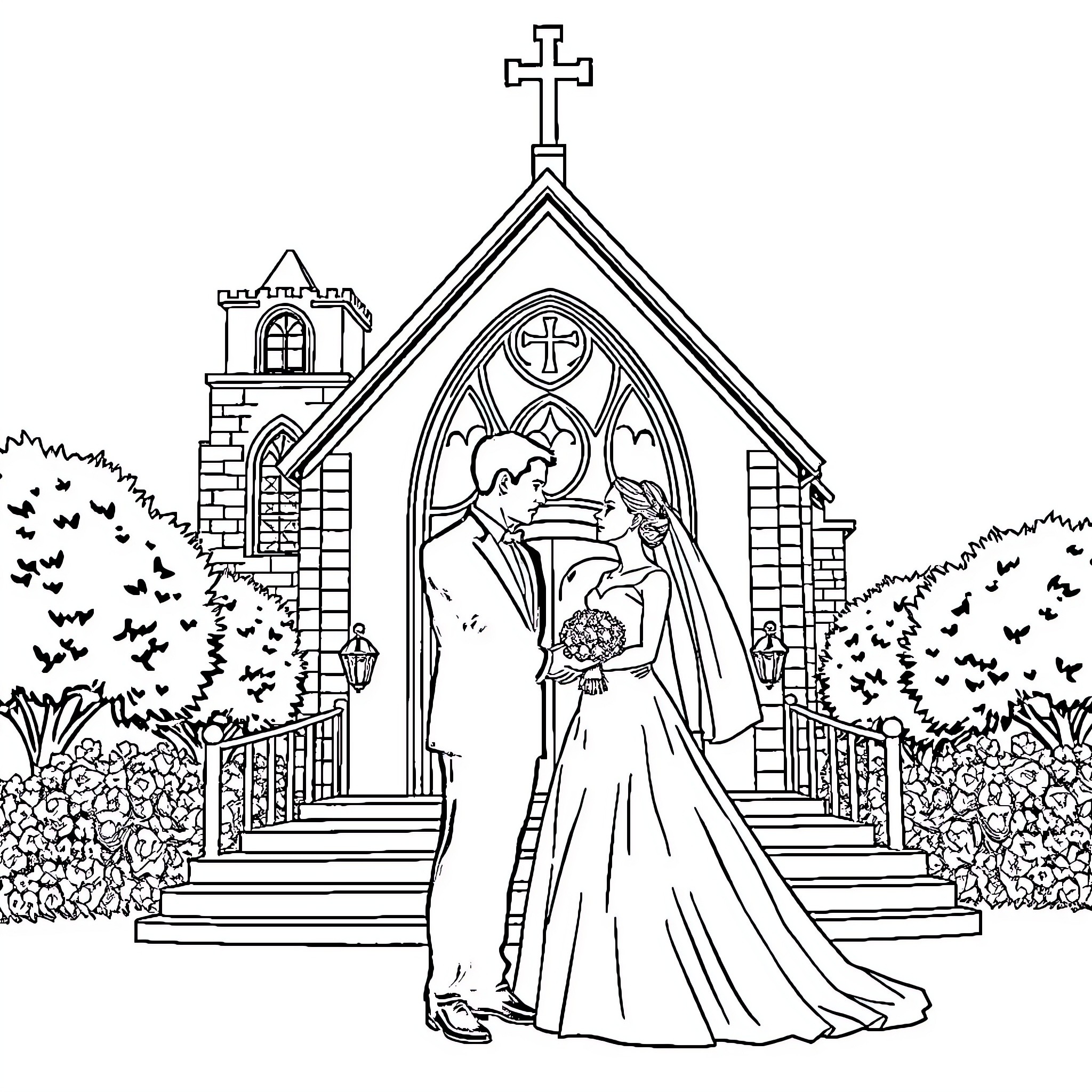 Bride and Groom Exchanging Vows at Church Entrance Coloring Page (free black-and-white line drawing printable PDF for all, from beginners to advanced learners, including children, teens, adults, and seniors)