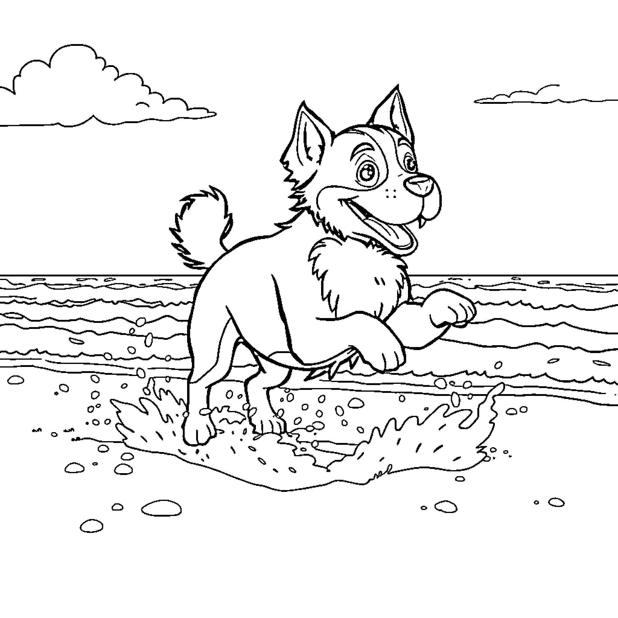 Paw Patrol puppy playing on the beach Coloring Page (free black-and-white line drawing printable PDF for all, from beginners to advanced learners, including children, teens, adults, and seniors)