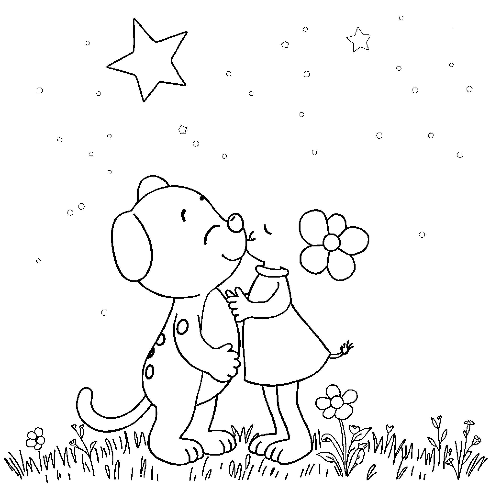 Gumba puppy and girl exploring the starry night Coloring Page (free black-and-white line drawing printable PDF for all, from beginners to advanced learners, including children, teens, adults, and seniors)