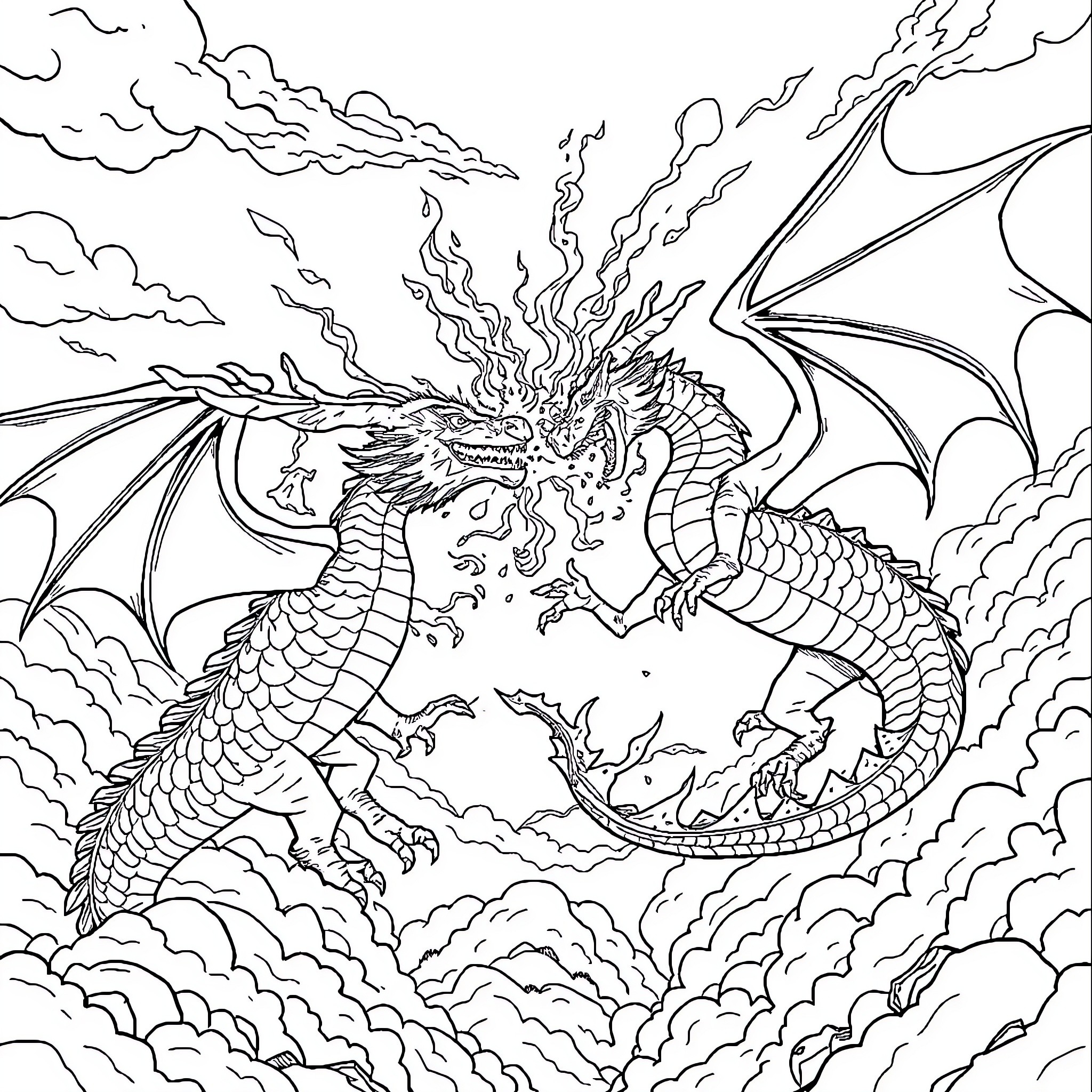 Dragon Breathing Flames in a Cloudy Sky Coloring Page (free black-and-white line drawing printable PDF for all, from beginners to advanced learners, including children, teens, adults, and seniors)