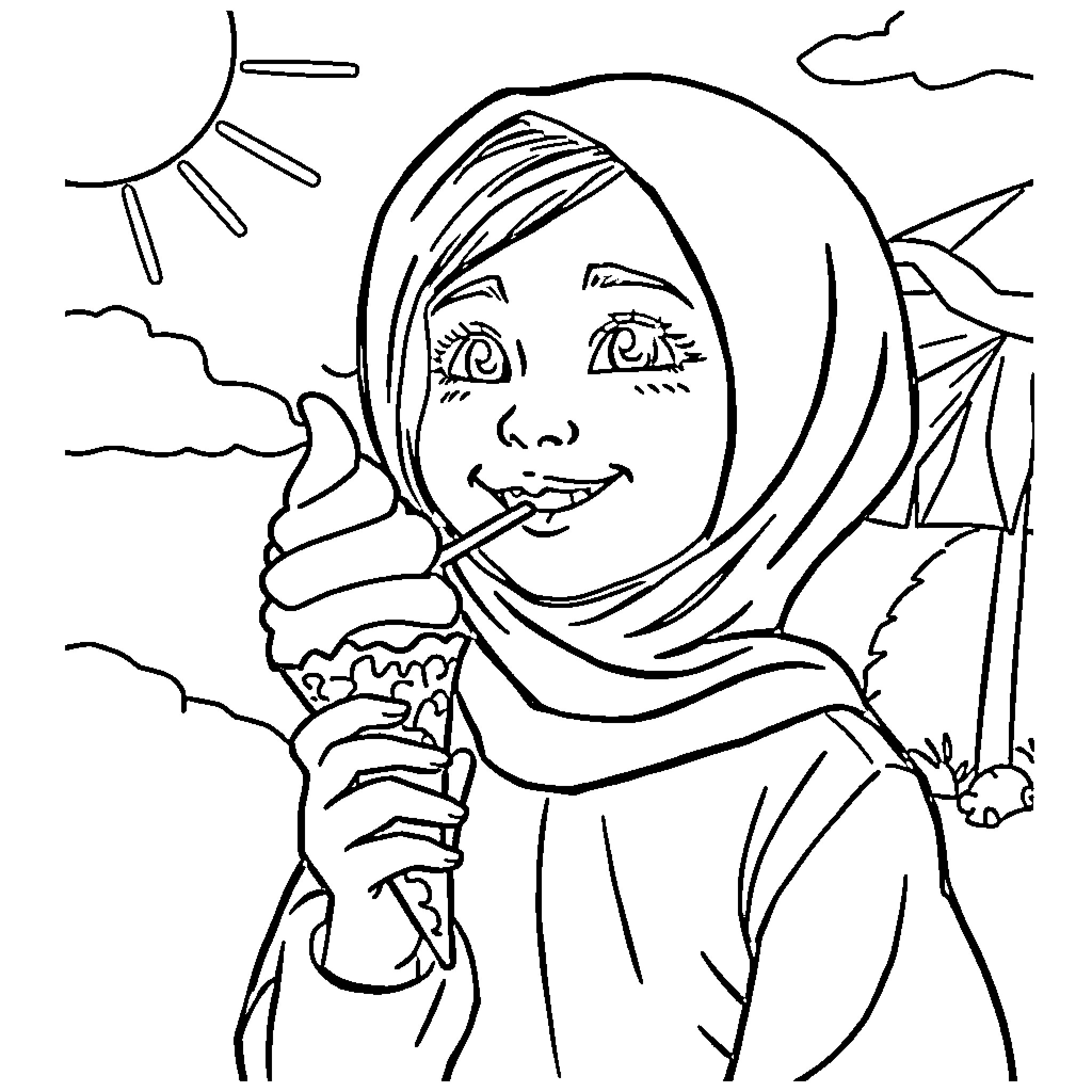 Girl enjoying a refreshing ice cream on a sunny day Coloring Page (free black-and-white line drawing printable PDF for all, from beginners to advanced learners, including children, teens, adults, and seniors)