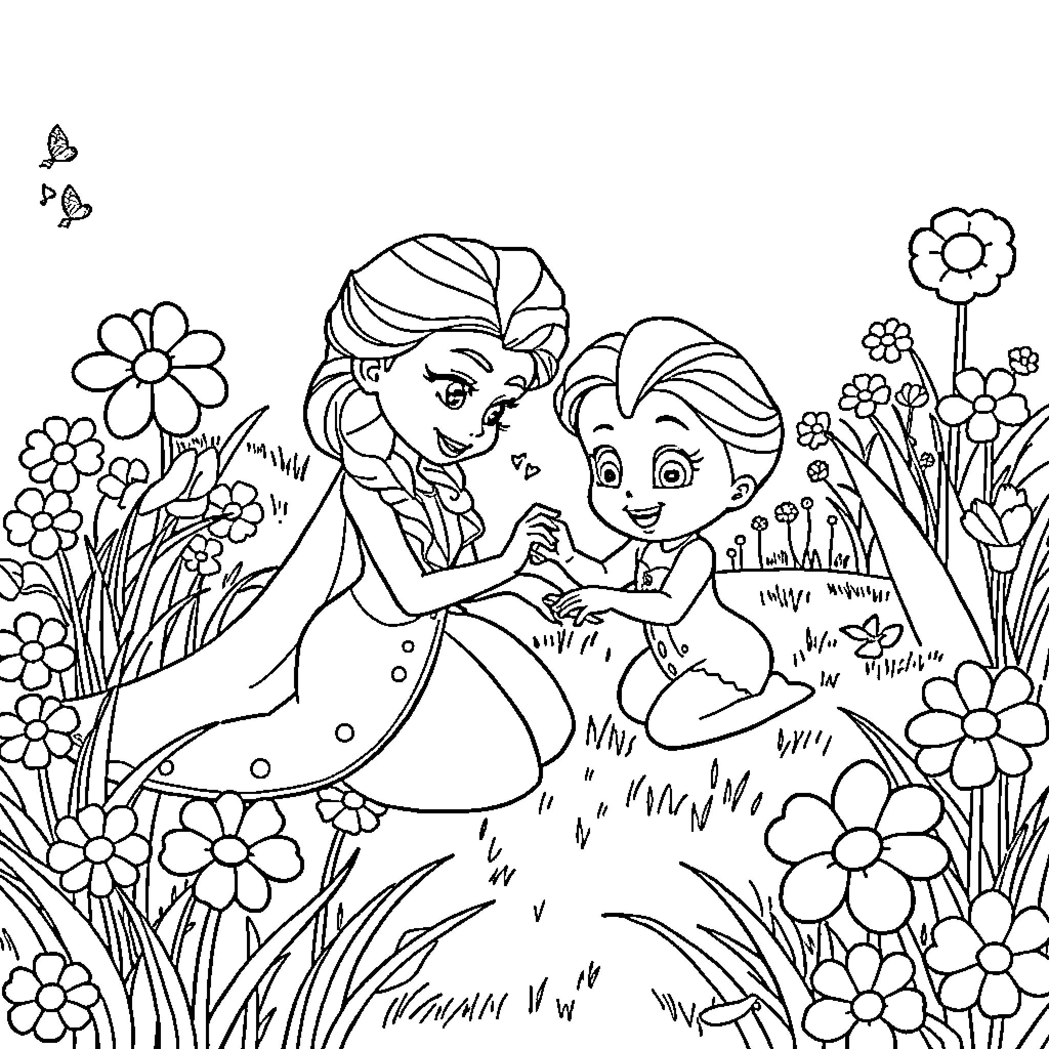 Elsa interacting playfully with a young child in flowers Coloring Page (free black-and-white line drawing printable PDF for all, from beginners to advanced learners, including children, teens, adults, and seniors)