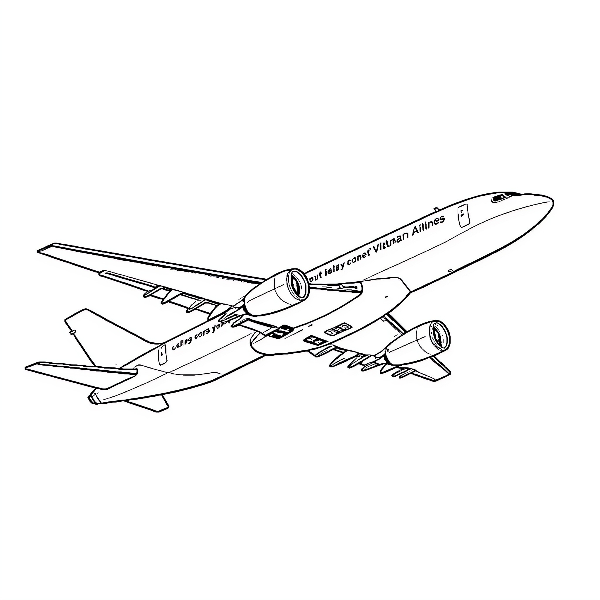 Plane taking off with airline name Coloring Page (free black-and-white line drawing printable PDF for all, from beginners to advanced learners, including children, teens, adults, and seniors)