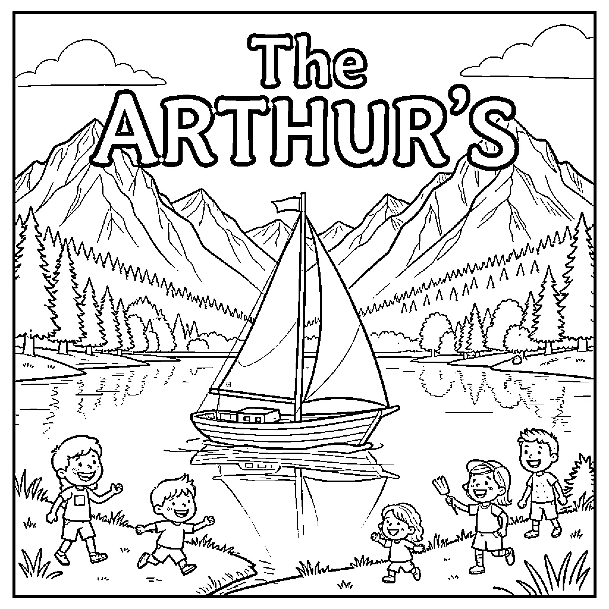 Arthur's family enjoying a sailing adventure in the mountains Coloring Page (free black-and-white line drawing printable PDF for all, from beginners to advanced learners, including children, teens, adults, and seniors)