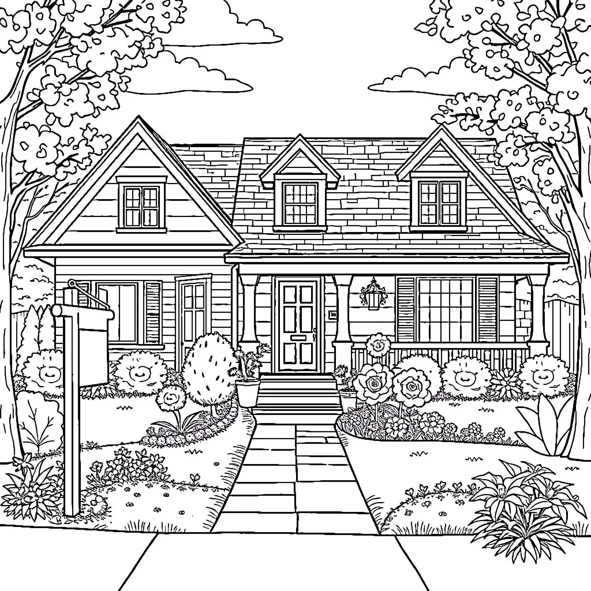 Home with Lush Landscaping and Charming Details Coloring Page (free black-and-white line drawing printable PDF for all, from beginners to advanced learners, including children, teens, adults, and seniors)