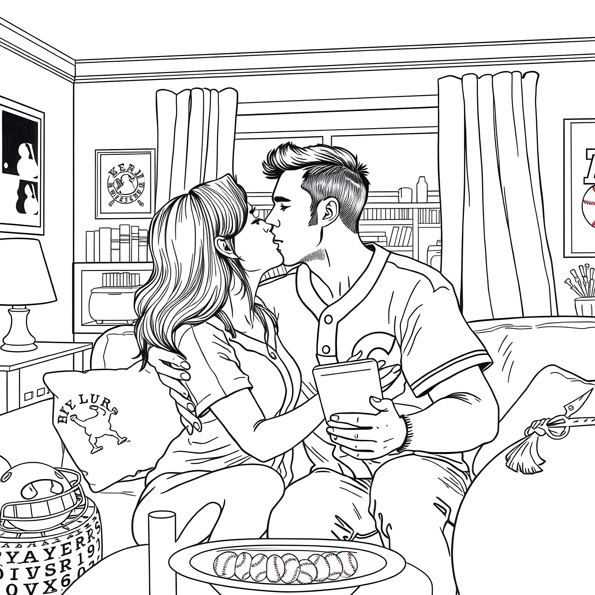 Couple Enjoying a Cozy Moment at Home Coloring Page (free black-and-white line drawing printable PDF for all, from beginners to advanced learners, including children, teens, adults, and seniors)