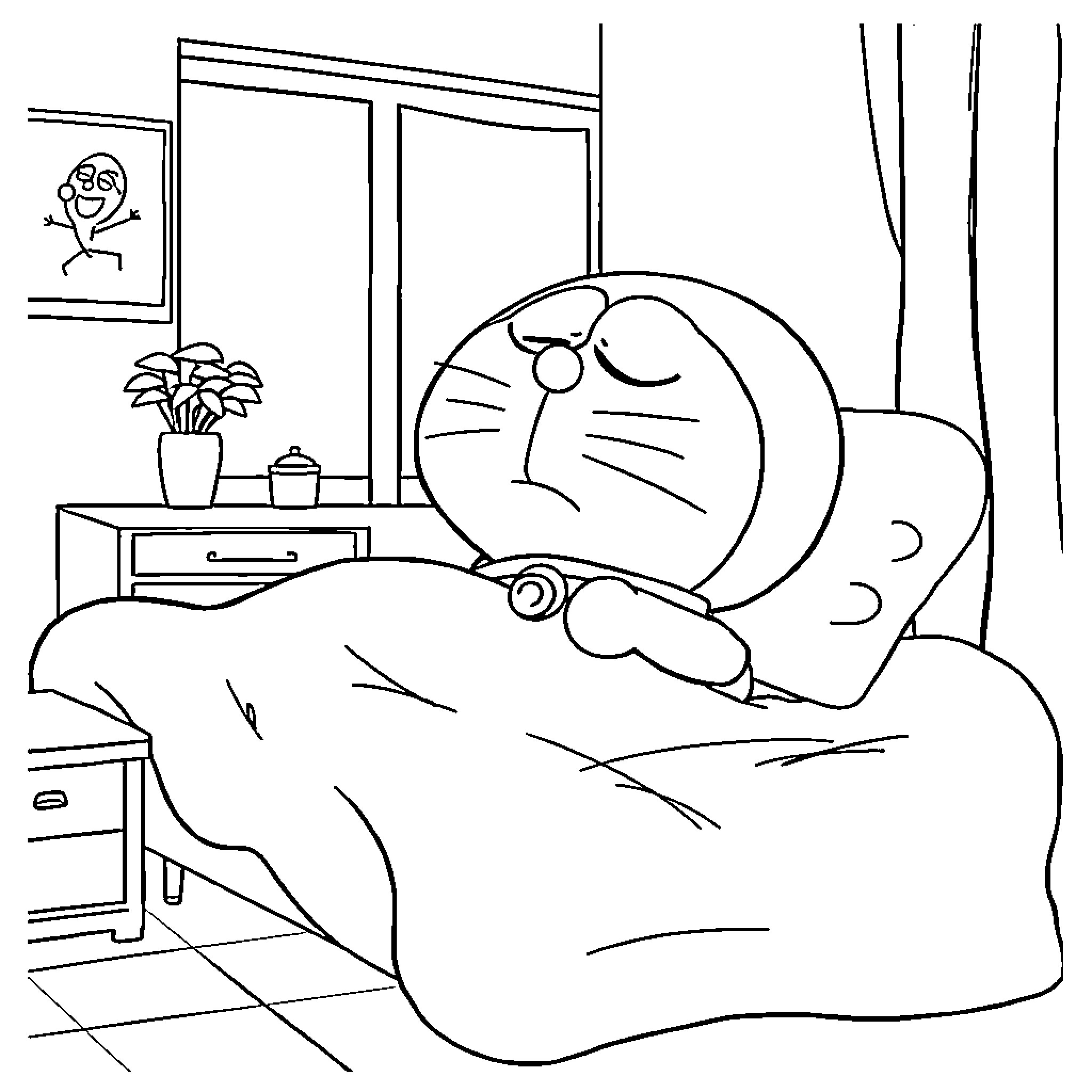 Doraemon resting peacefully in his room Coloring Page (free black-and-white line drawing printable PDF for all, from beginners to advanced learners, including children, teens, adults, and seniors)