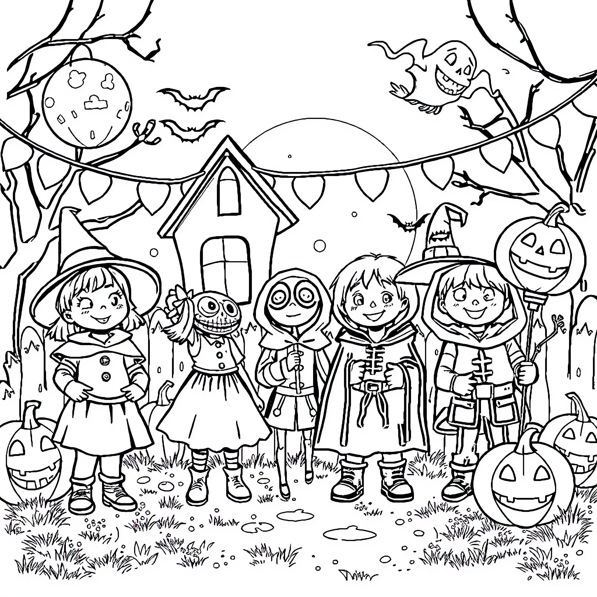Halloween Trick-or-Treating Fun with Costumes and Haunted House Coloring Page (free black-and-white line drawing printable PDF for all, from beginners to advanced learners, including children, teens, adults, and seniors)