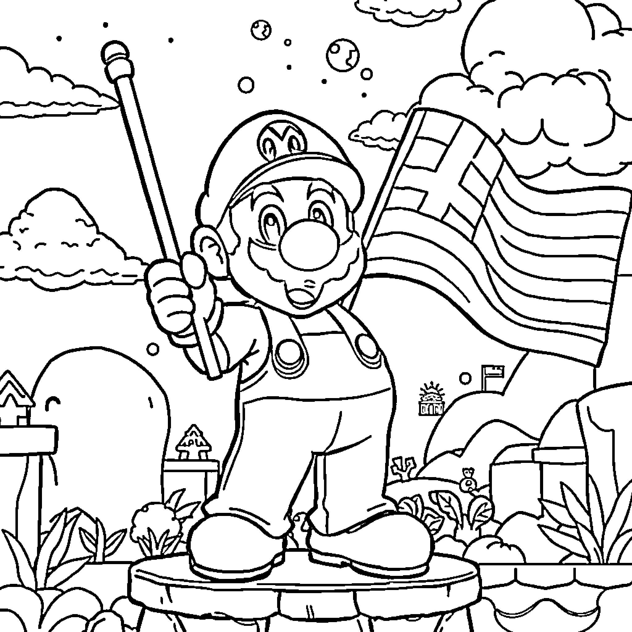 Super Mario Waving Flag with Excitement Coloring Page (free black-and-white line drawing printable PDF for all, from beginners to advanced learners, including children, teens, adults, and seniors)