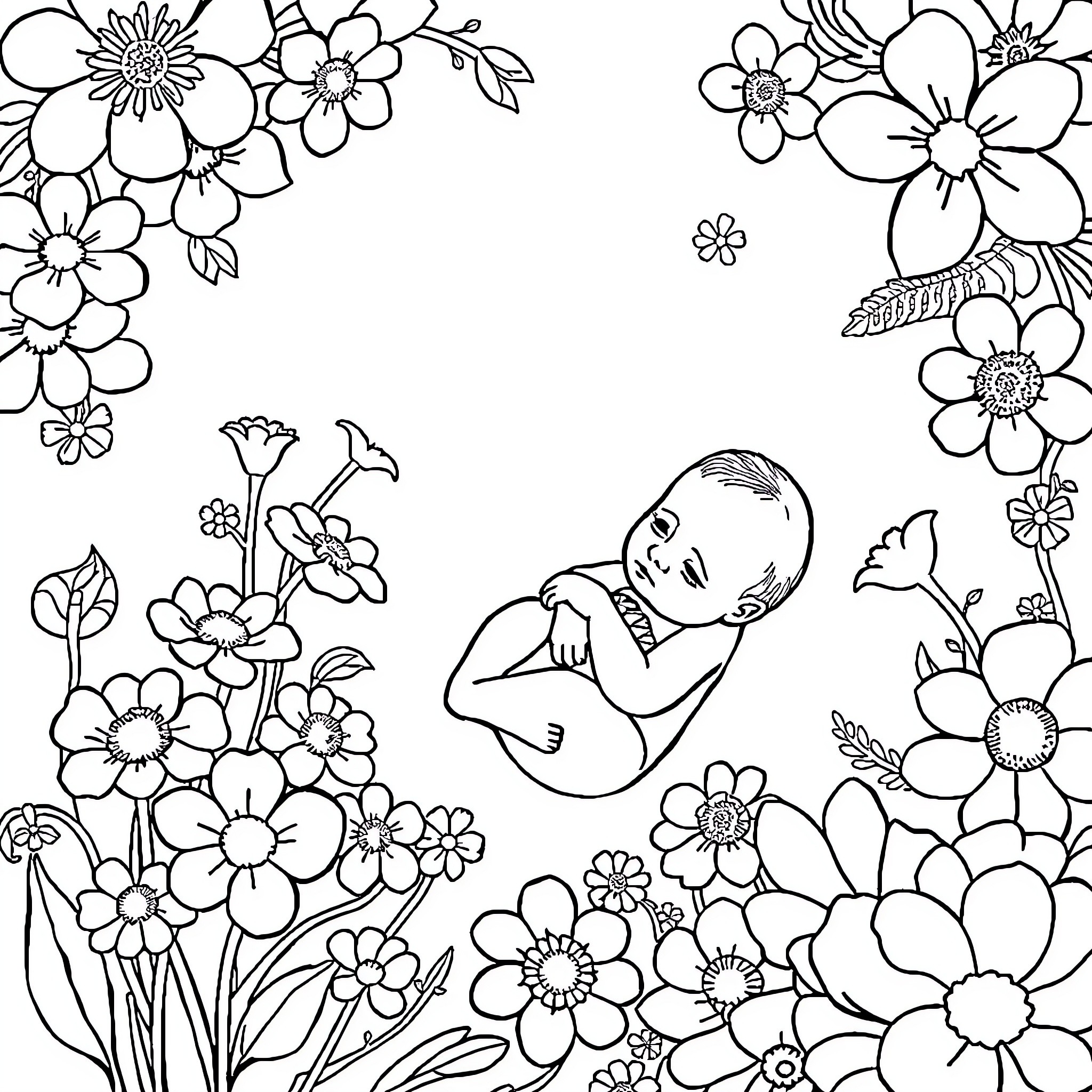 Baby resting peacefully among blooming flowers Coloring Page (free black-and-white line drawing printable PDF for all, from beginners to advanced learners, including children, teens, adults, and seniors)