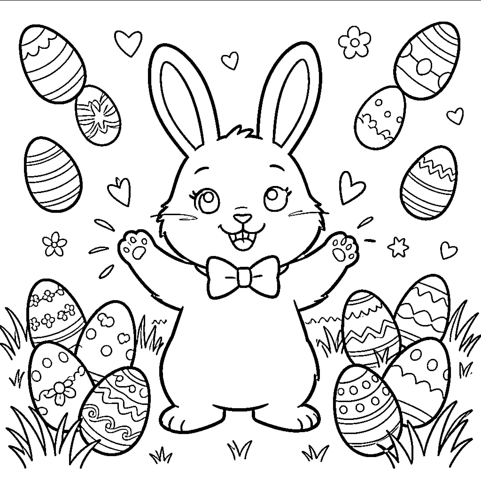 Rabbit with a bow tie surrounded by Easter eggs Coloring Page (free black-and-white line drawing printable PDF for all, from beginners to advanced learners, including children, teens, adults, and seniors)