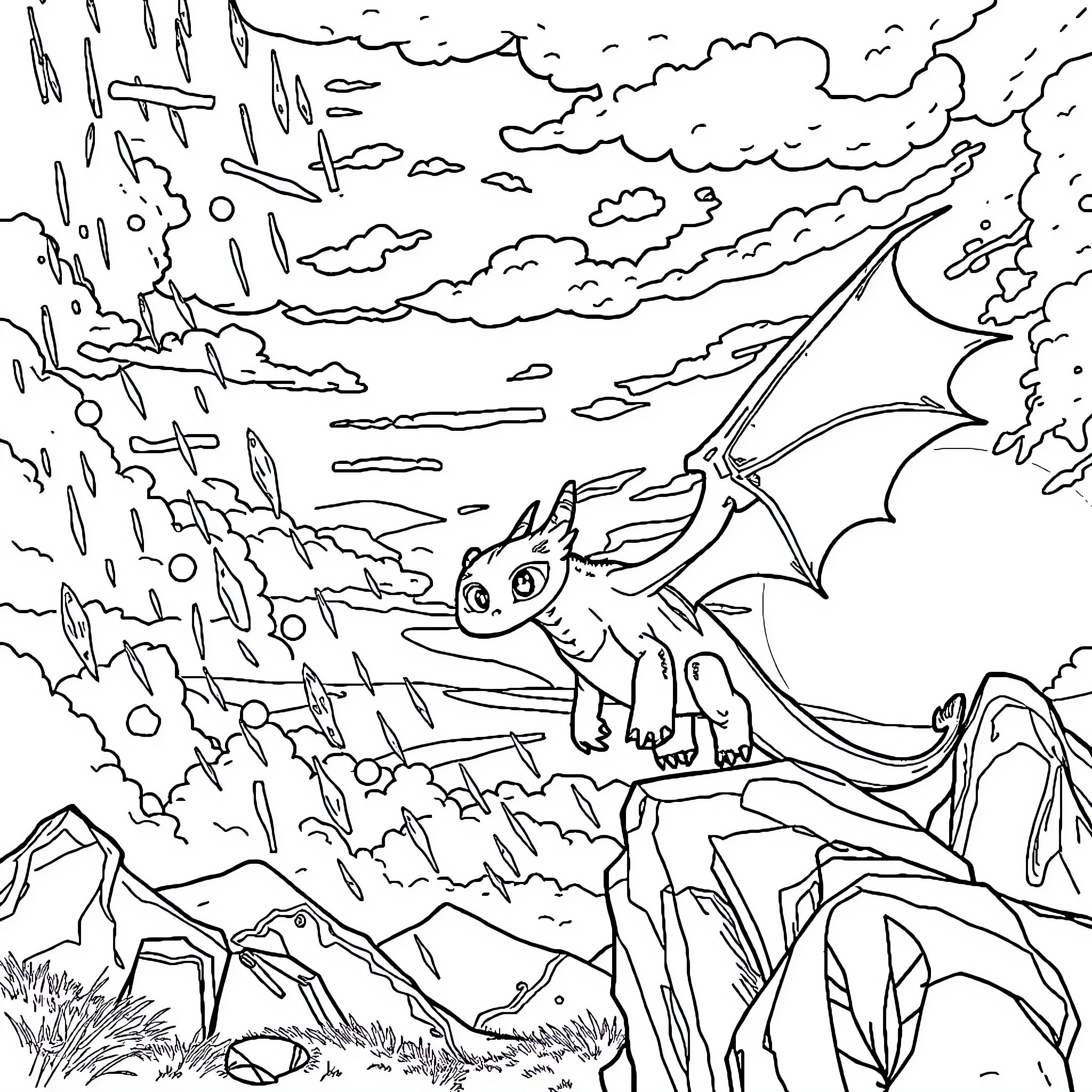 Dragon soaring through a stormy sky Coloring Page (free black-and-white line drawing printable PDF for all, from beginners to advanced learners, including children, teens, adults, and seniors)