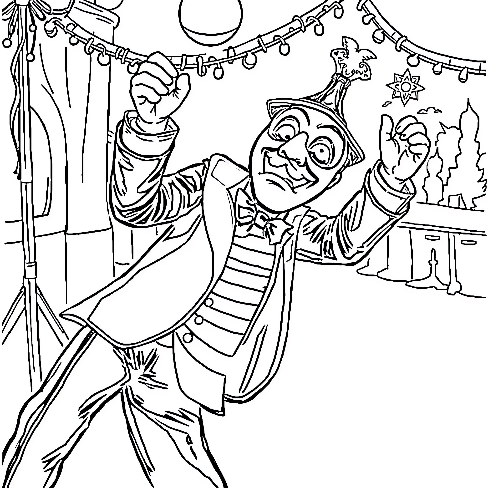 Stanley Ipkiss cheerfully decorating for the holidays Coloring Page (free black-and-white line drawing printable PDF for all, from beginners to advanced learners, including children, teens, adults, and seniors)