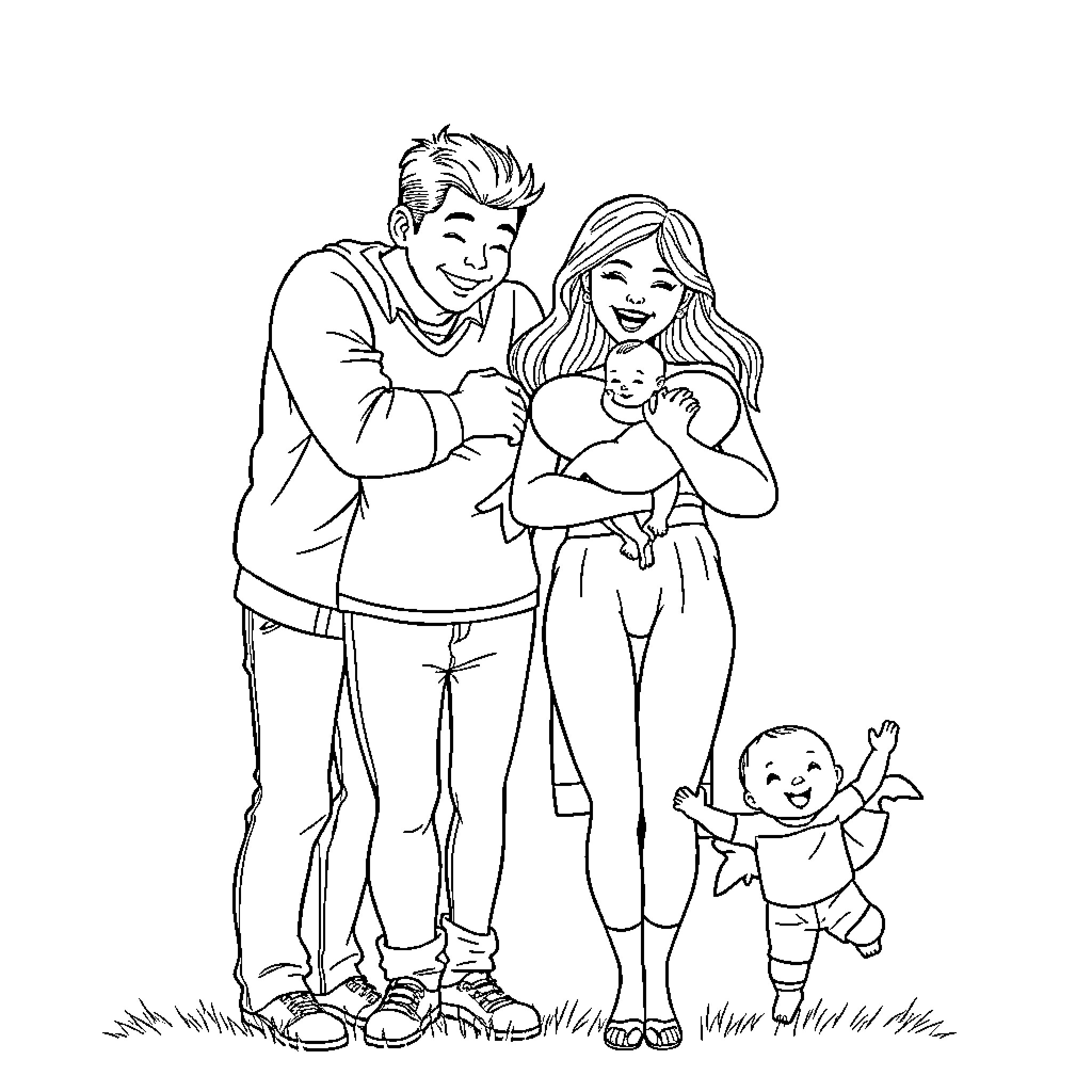 Family enjoying a casual outdoor moment Coloring Page (free black-and-white line drawing printable PDF for all, from beginners to advanced learners, including children, teens, adults, and seniors)