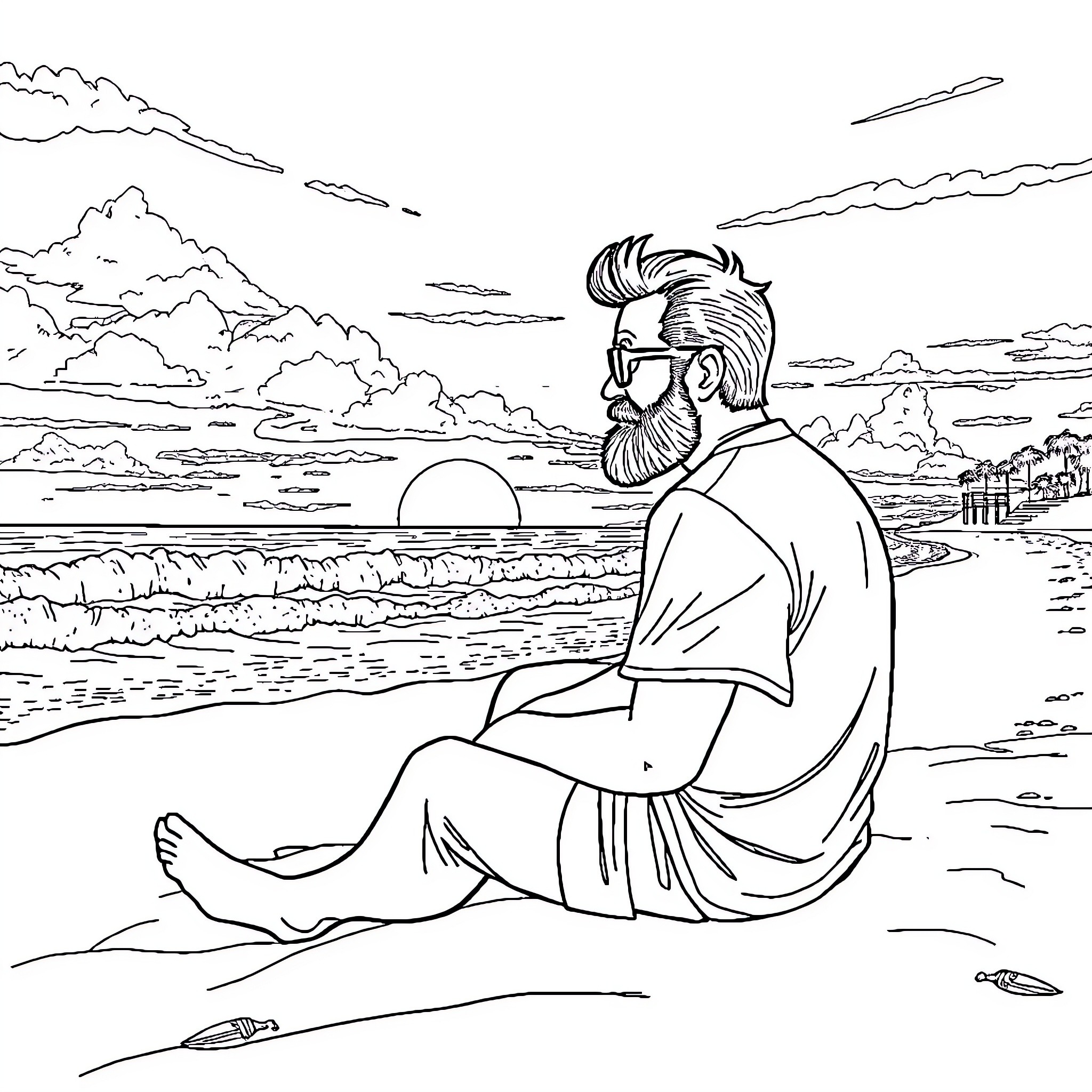 Michael Myers relaxing by the beach at sunset Coloring Page (free black-and-white line drawing printable PDF for all, from beginners to advanced learners, including children, teens, adults, and seniors)