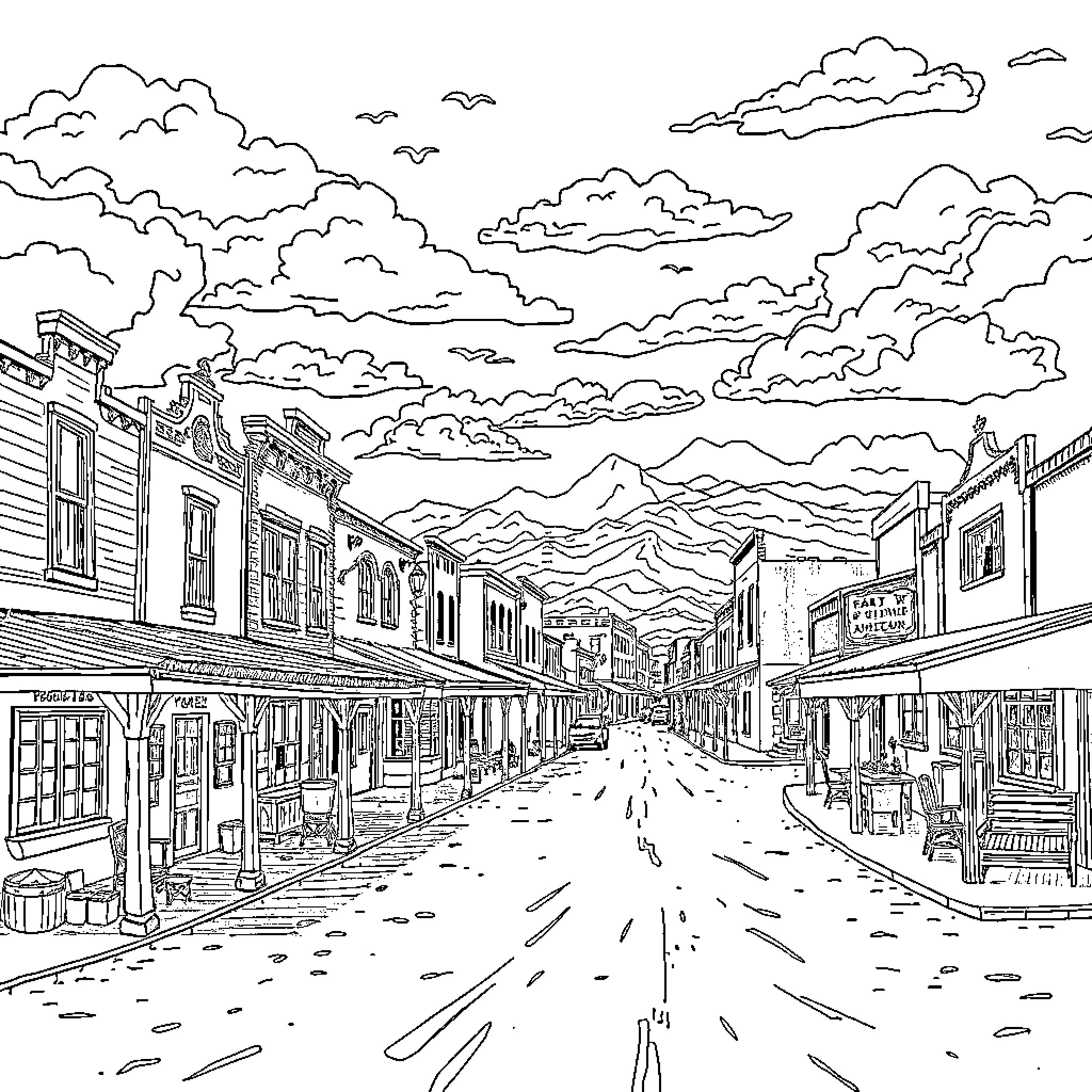 Tombstone - Bustling Old Western Town Scene Coloring Page (free black-and-white line drawing printable PDF for all, from beginners to advanced learners, including children, teens, adults, and seniors)