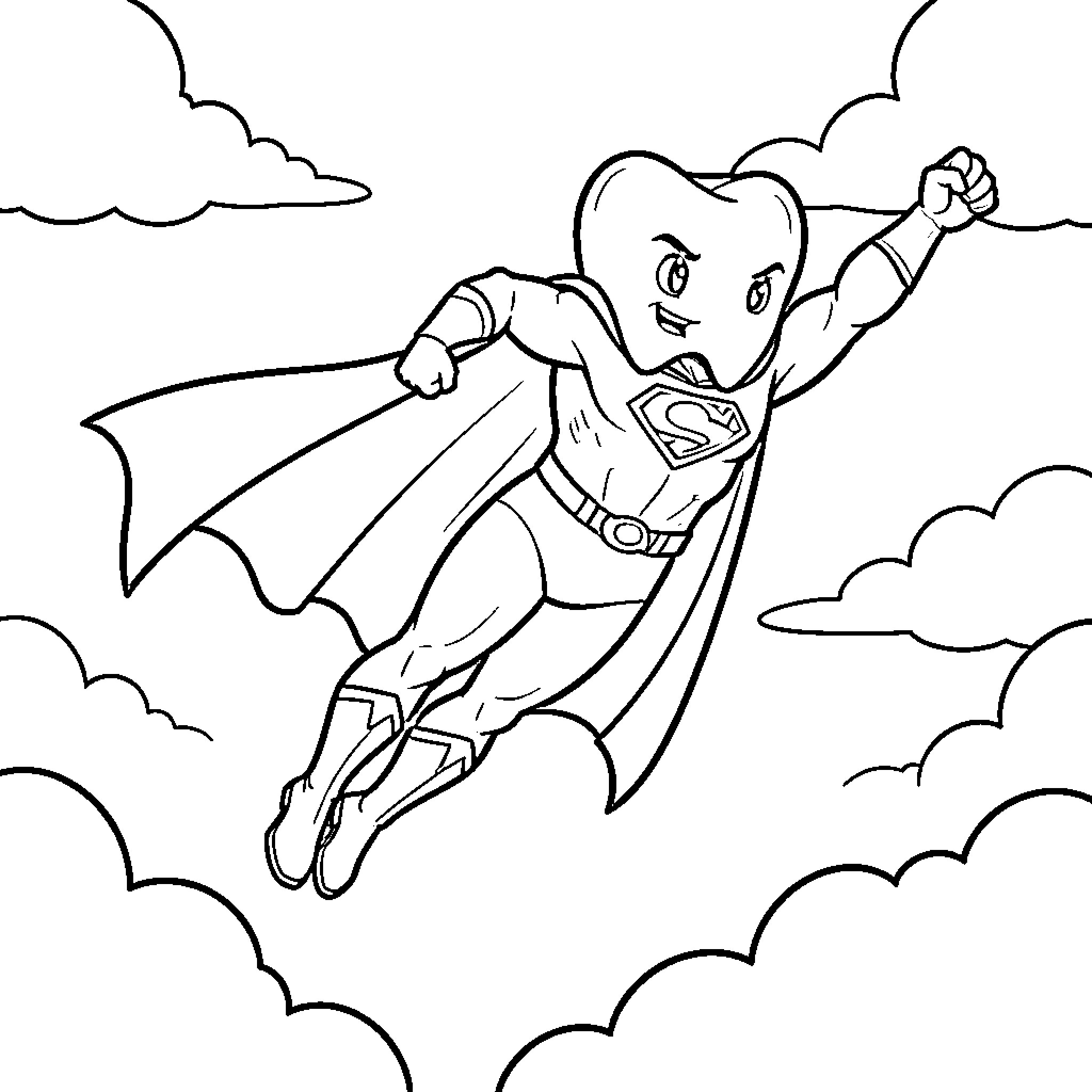 Tooth superhero flying heroically through the clouds Coloring Page (free black-and-white line drawing printable PDF for all, from beginners to advanced learners, including children, teens, adults, and seniors)