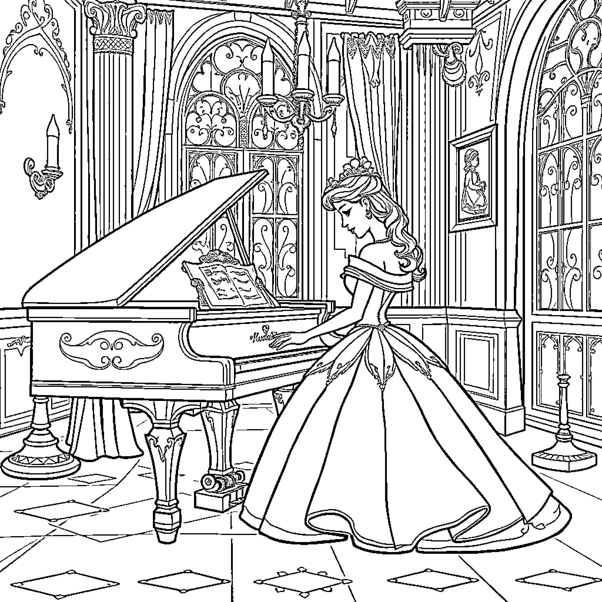 Princess playing music in an ornate palace Coloring Page (free black-and-white line drawing printable PDF for all, from beginners to advanced learners, including children, teens, adults, and seniors)
