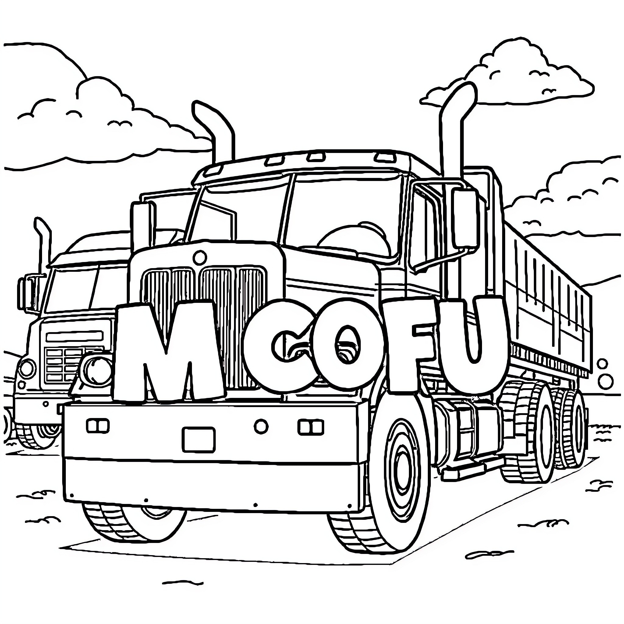 Truck hauling large cargo on the road Coloring Page (free black-and-white line drawing printable PDF for all, from beginners to advanced learners, including children, teens, adults, and seniors)