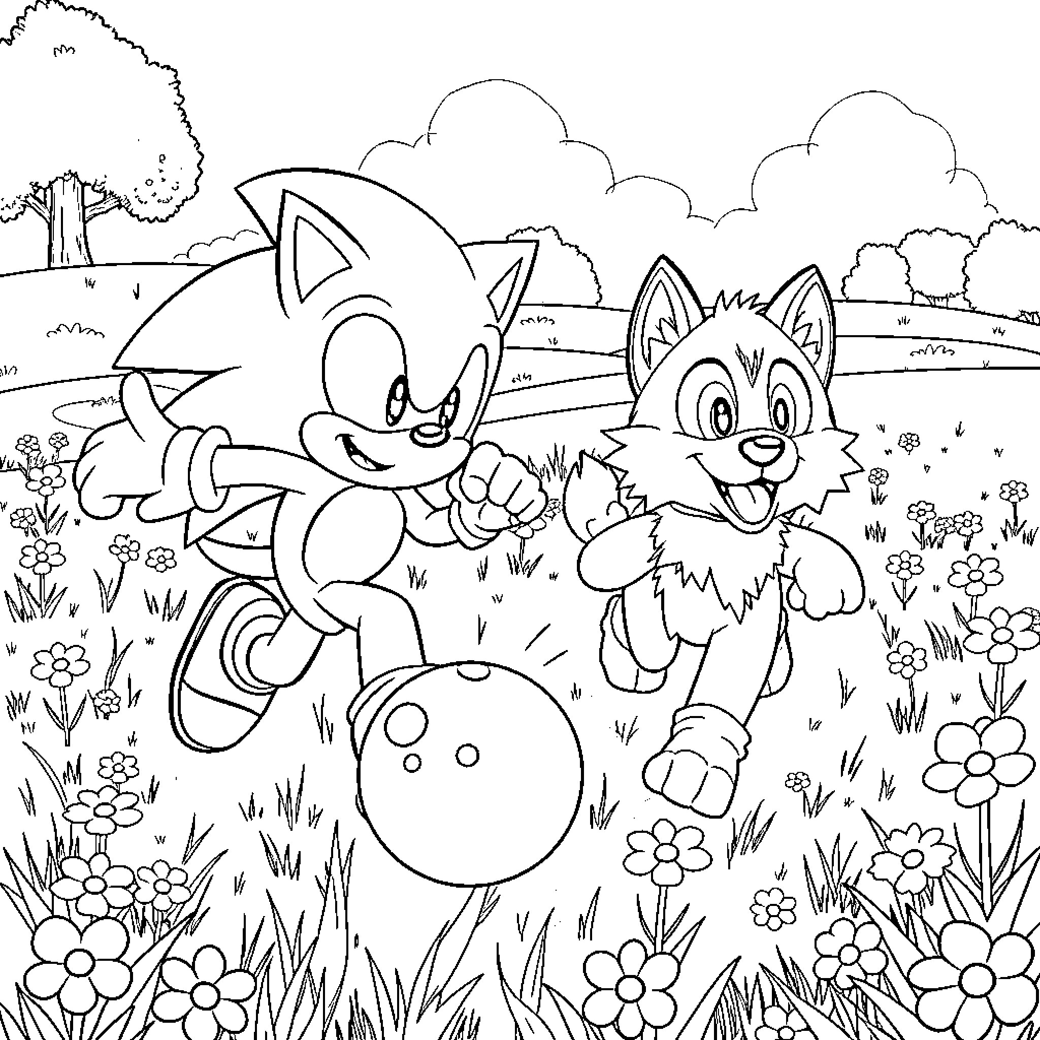 Sonic and friends in a whimsical outdoor scene Coloring Page (free black-and-white line drawing printable PDF for all, from beginners to advanced learners, including children, teens, adults, and seniors)