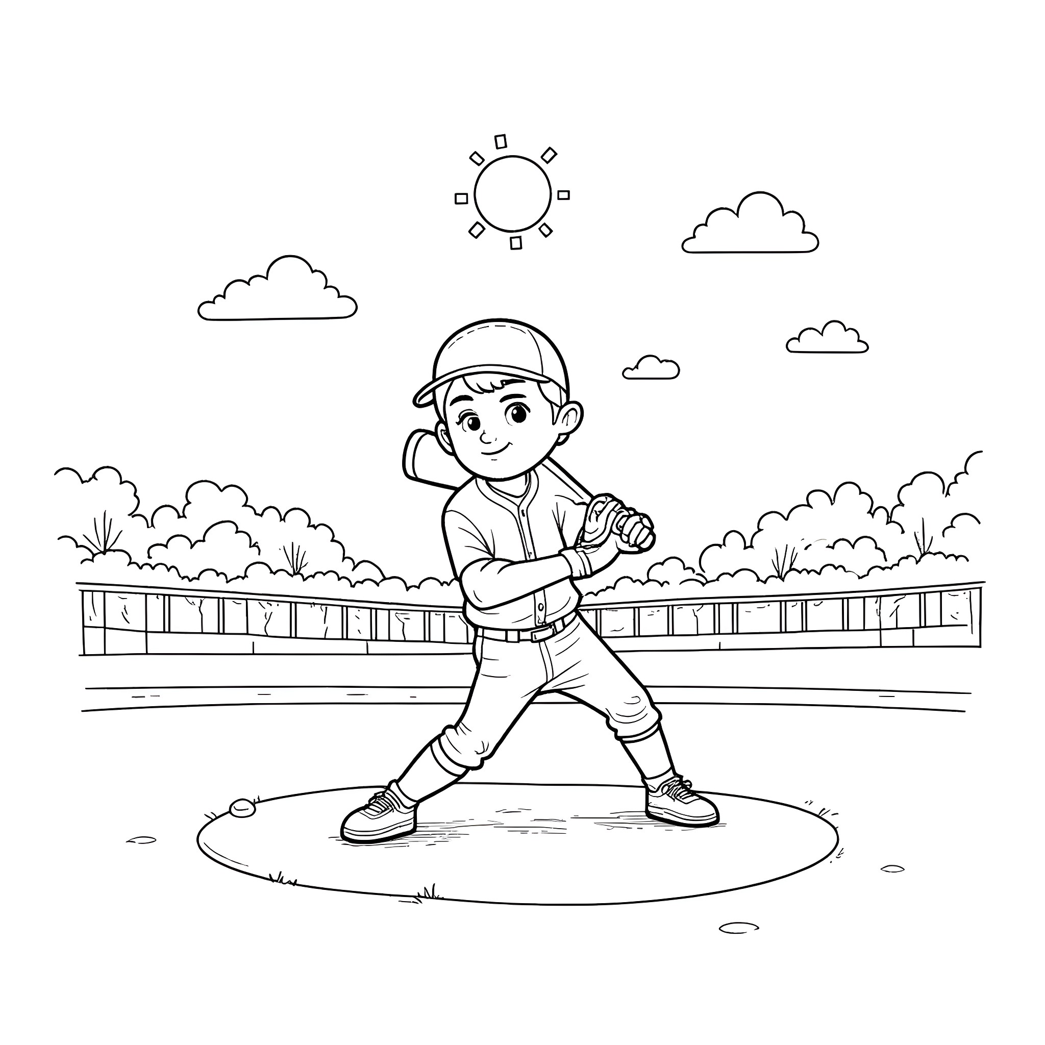 Bluey playing baseball on the field Coloring Page (free black-and-white line drawing printable PDF for all, from beginners to advanced learners, including children, teens, adults, and seniors)