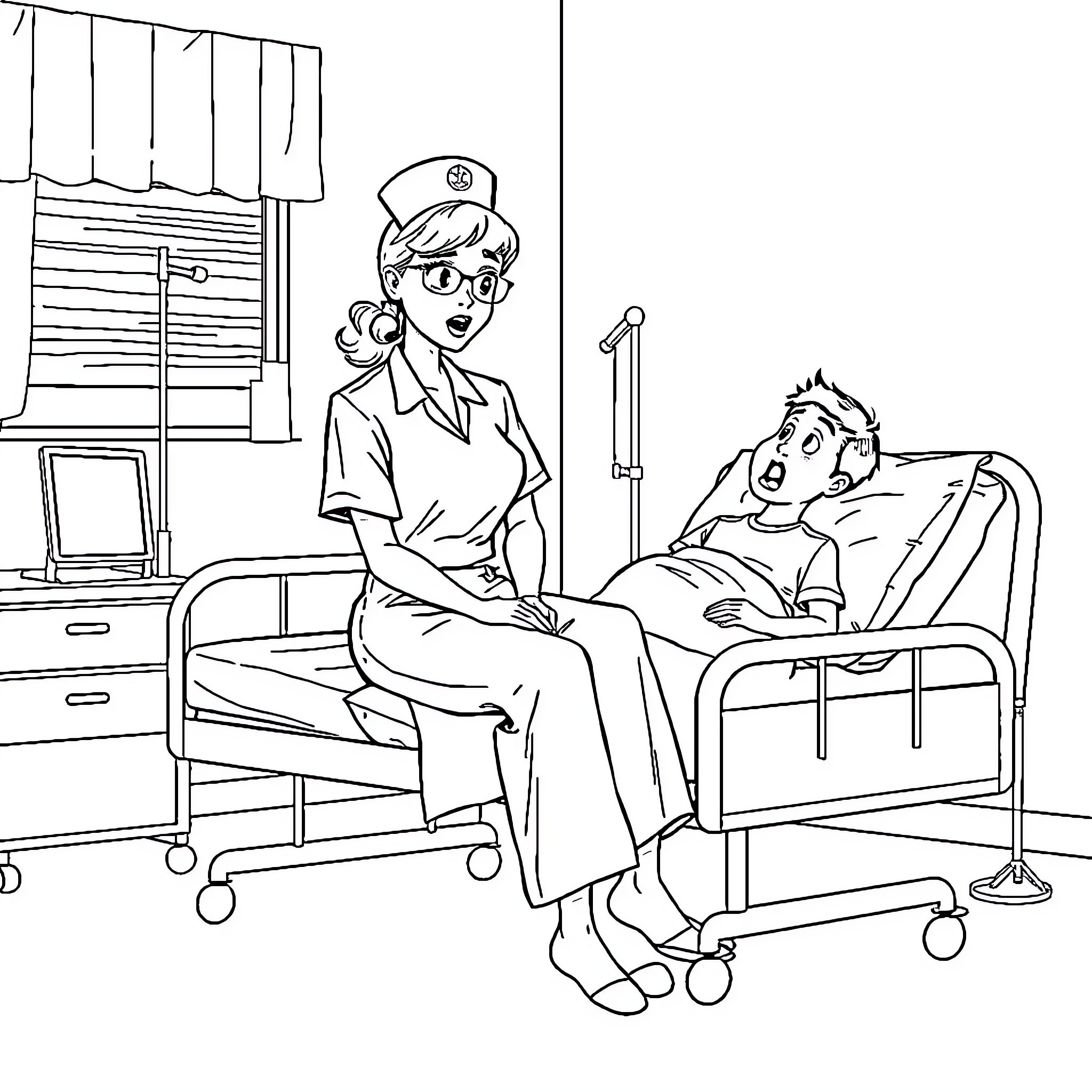 Nurse Caring for Patient in Hospital Room Coloring Page (free black-and-white line drawing printable PDF for all, from beginners to advanced learners, including children, teens, adults, and seniors)